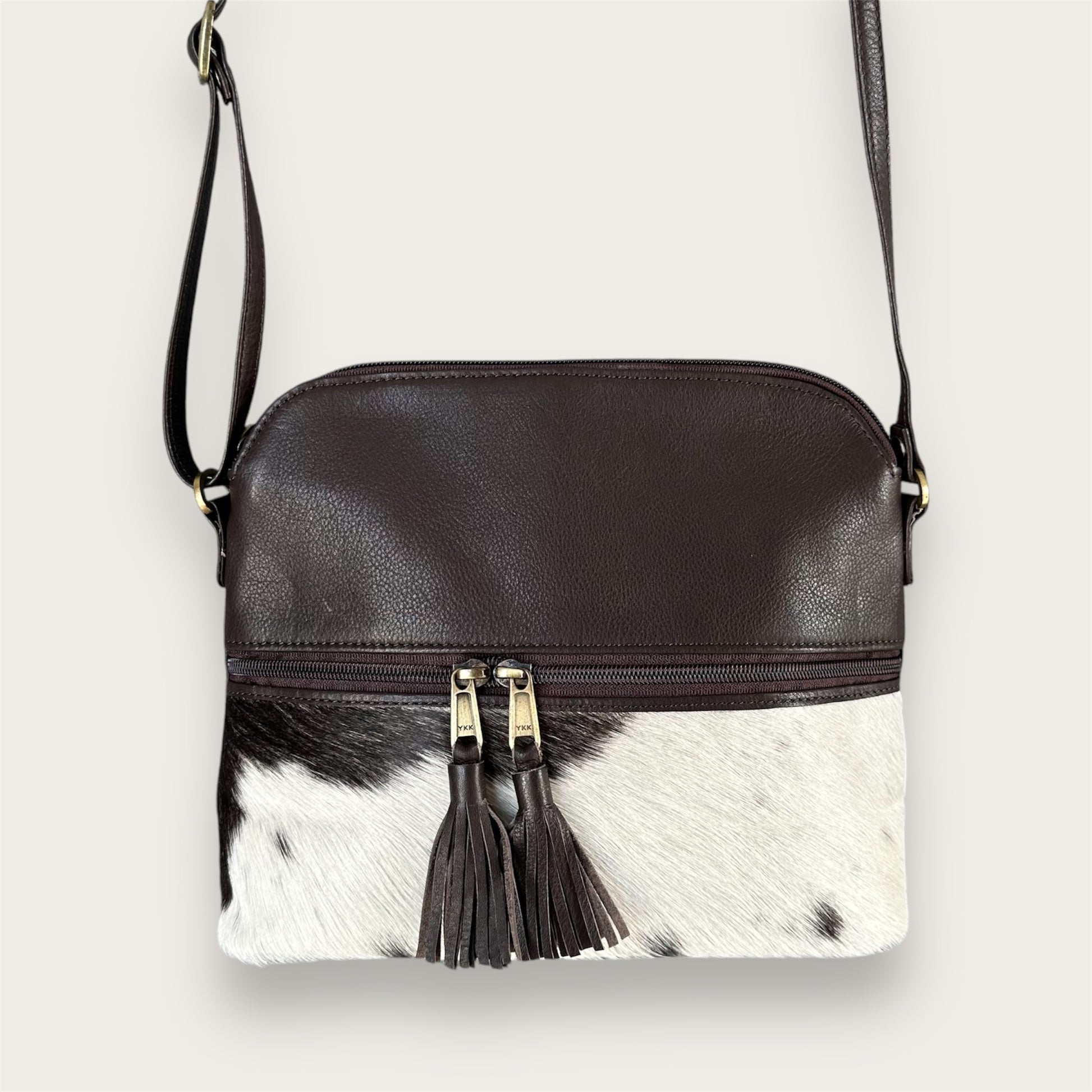 Large cowhide and leather crossbody bag in brown & white