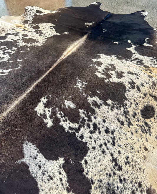 Large Cowhide Rug in Dark Brown & White Speckled