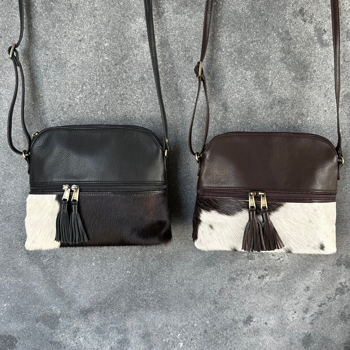 Large cowhide and leather crossbody bag in black & white and brown & white