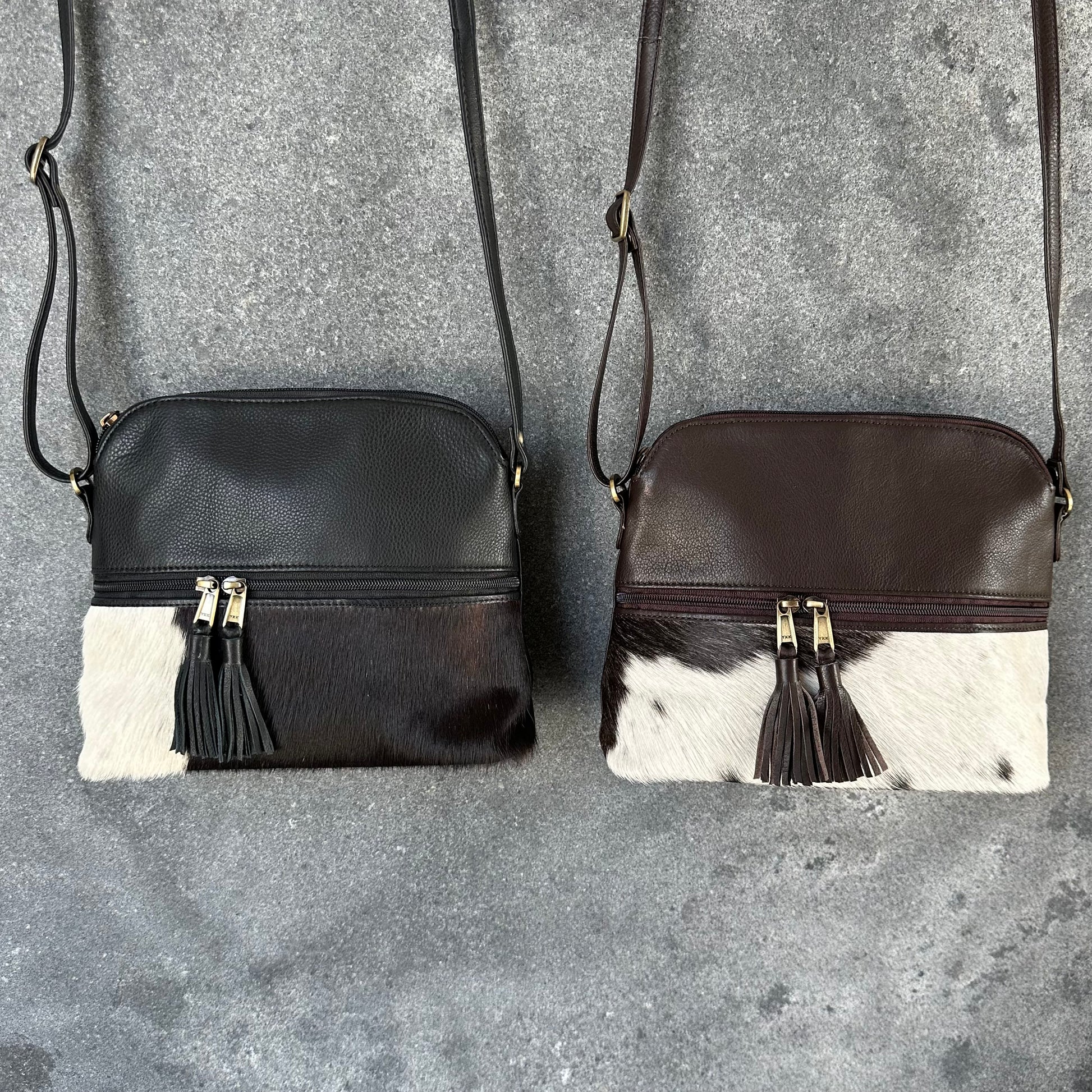 Large cowhide and leather crossbody bag in black & white and brown & white