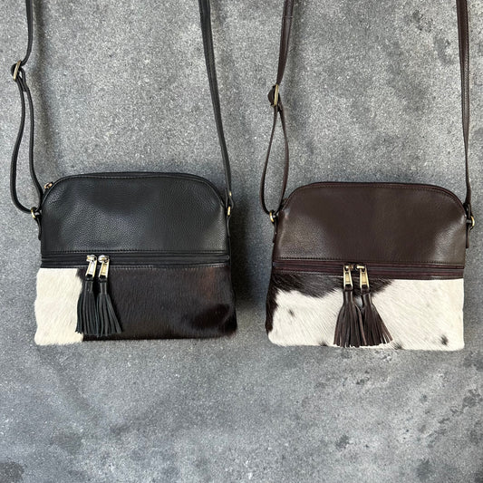 Large cowhide and leather crossbody bag in black & white and brown & white