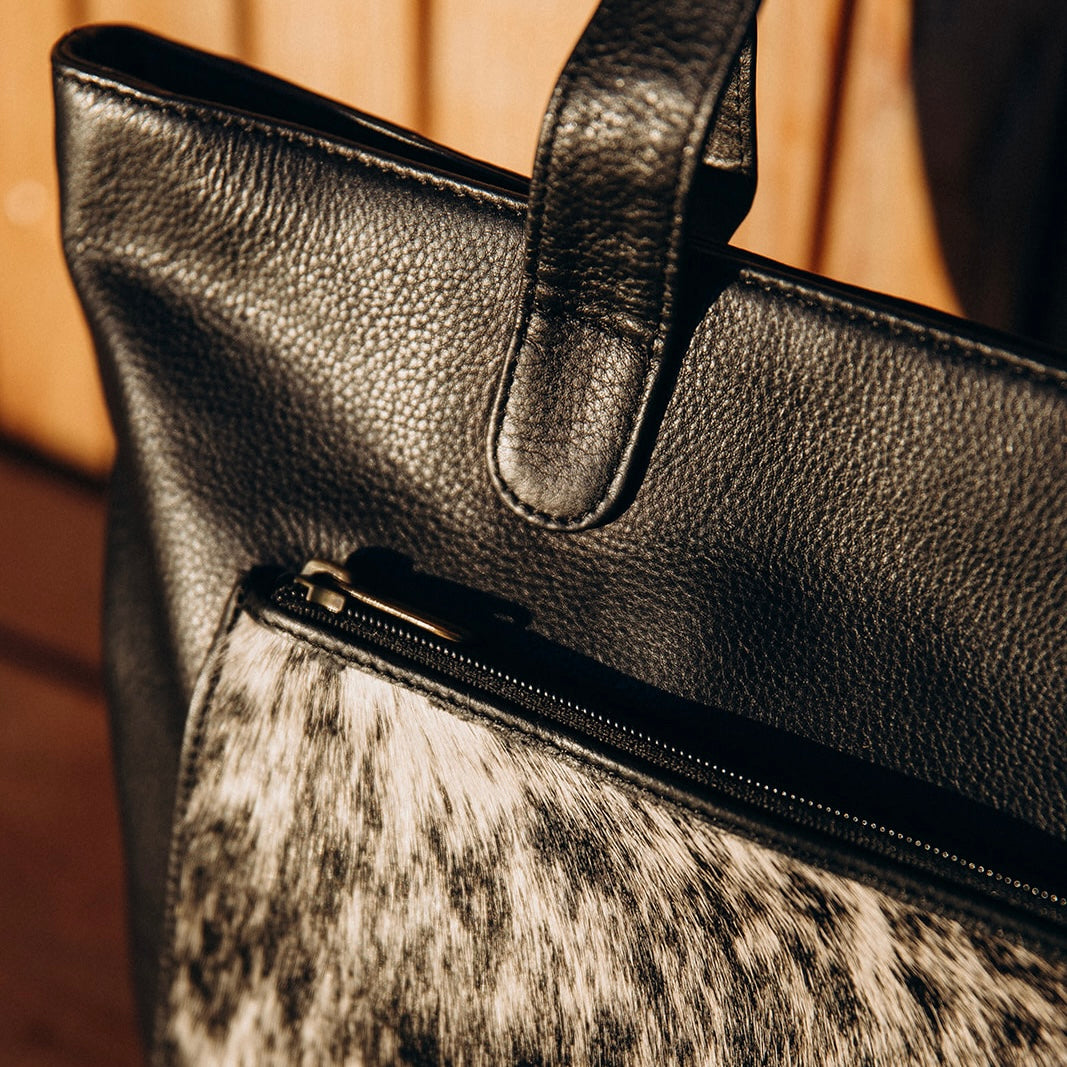 Large cowhide and leather tote in black