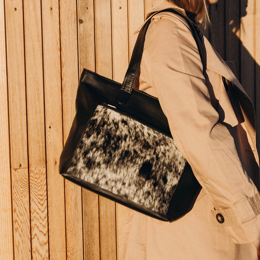 Large cowhide and leather tote in black
