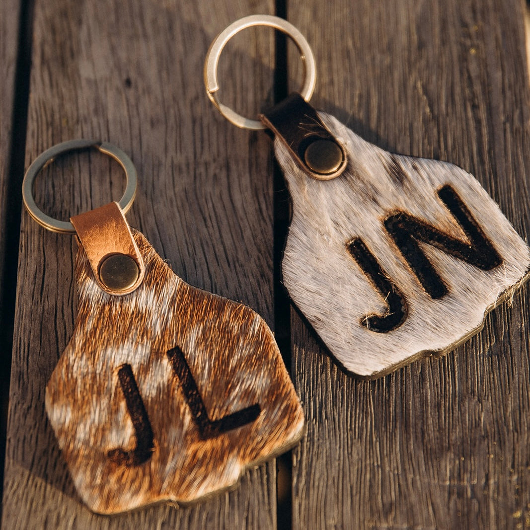 Cowhide cattle tag keyring with hot iron branding