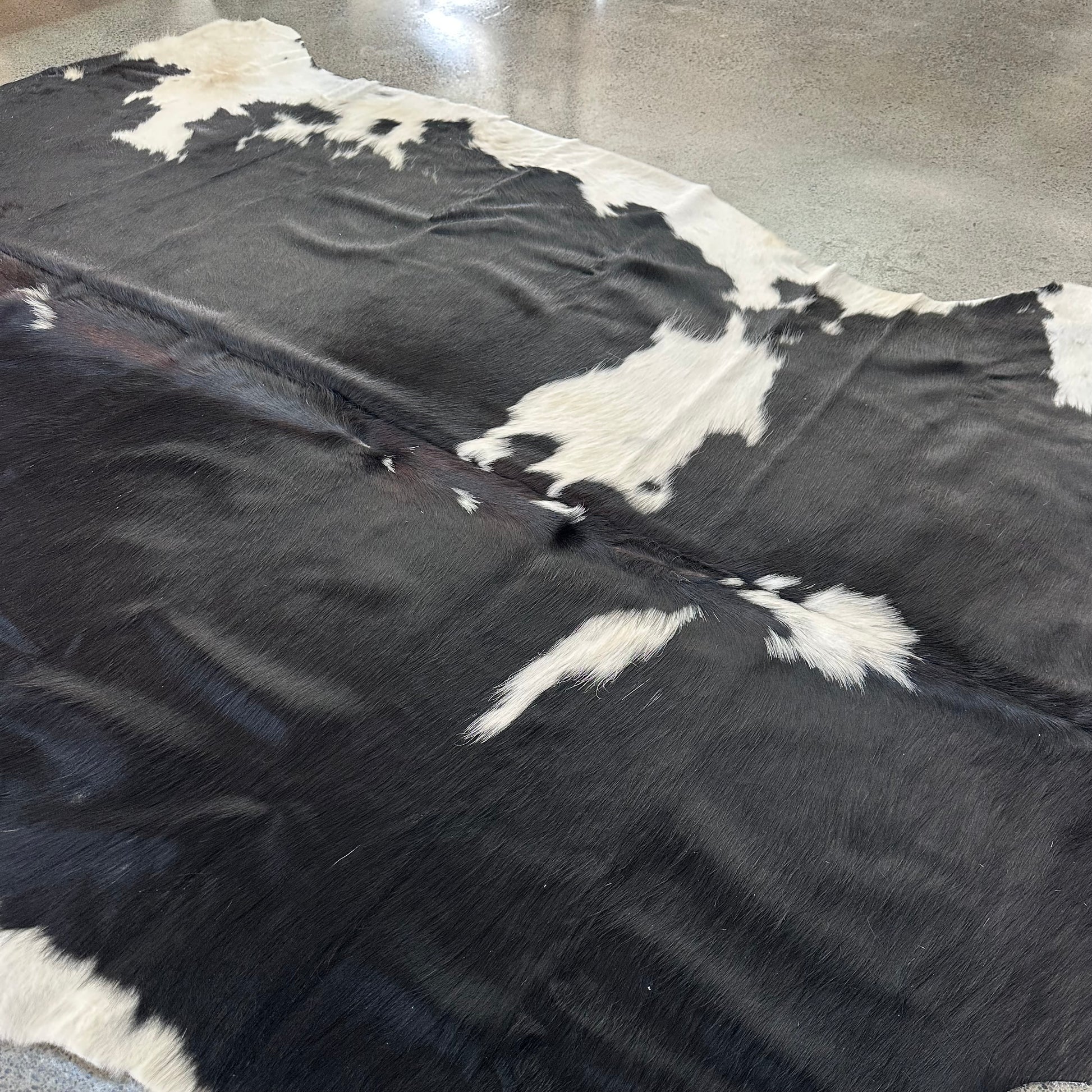 Large Premium Cowhide Rug in Black and White with Brown Ridge