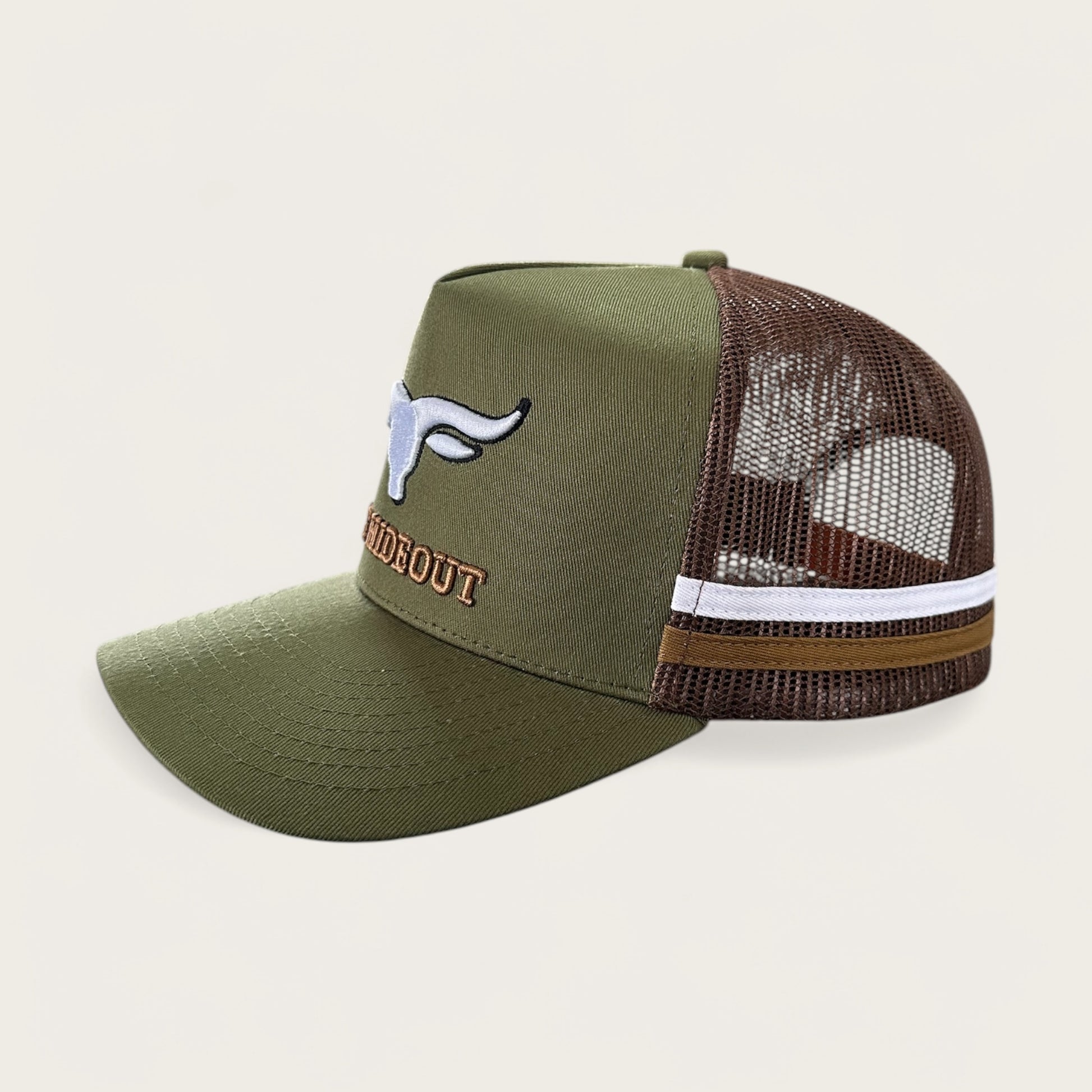 Green and brown trucker cap with logo and photo under brim