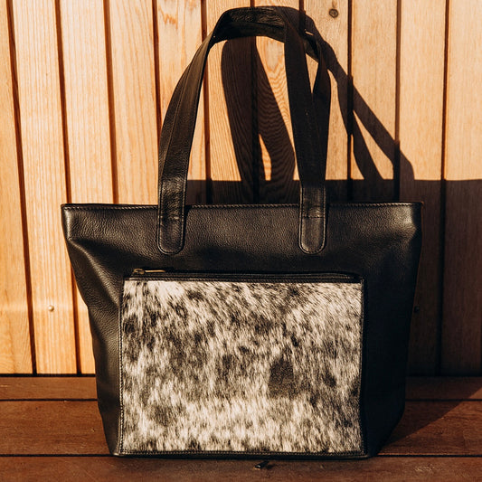 Large cowhide and leather tote in black