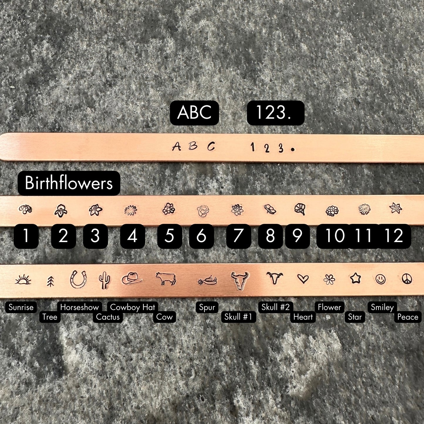 Copper Band hand stamped letters and symbols