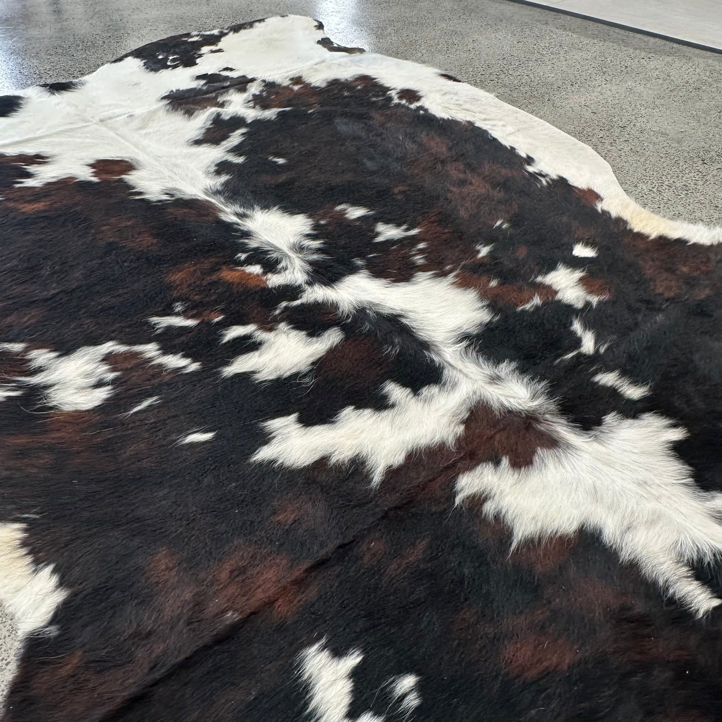 Large premium cowhide rug in black, brown and white