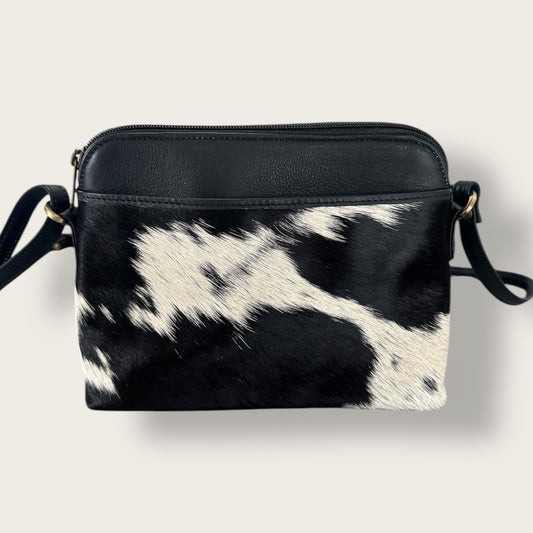 Cowhide and leather crossbody bag in black & white