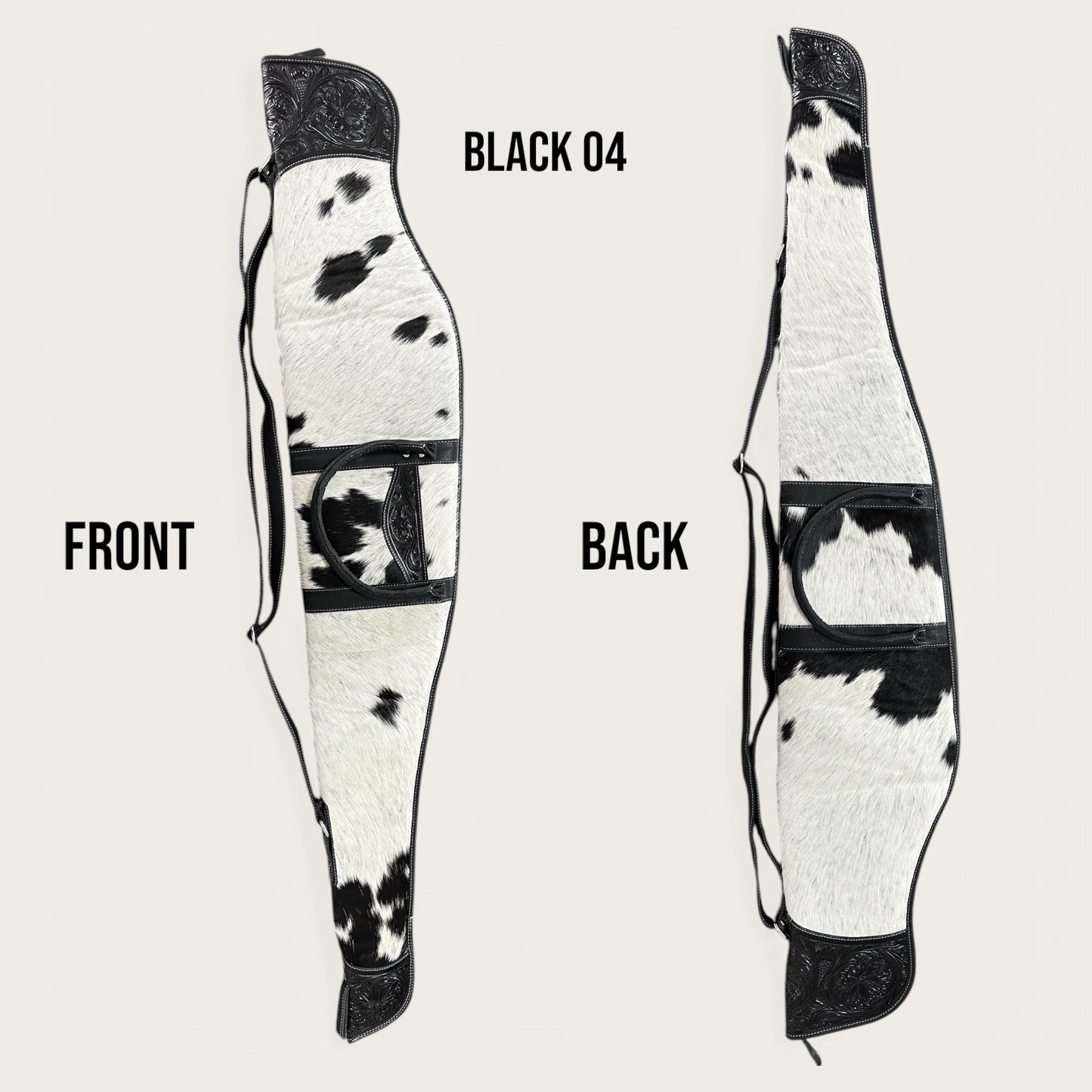 Cowhide and leather gun rifle bag in black and white with tooling details