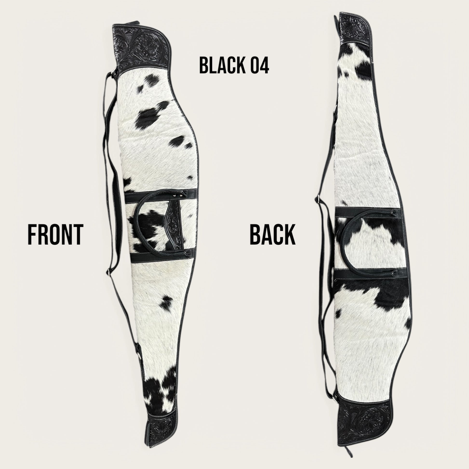 Cowhide and leather gun rifle bag in black and white with tooling details