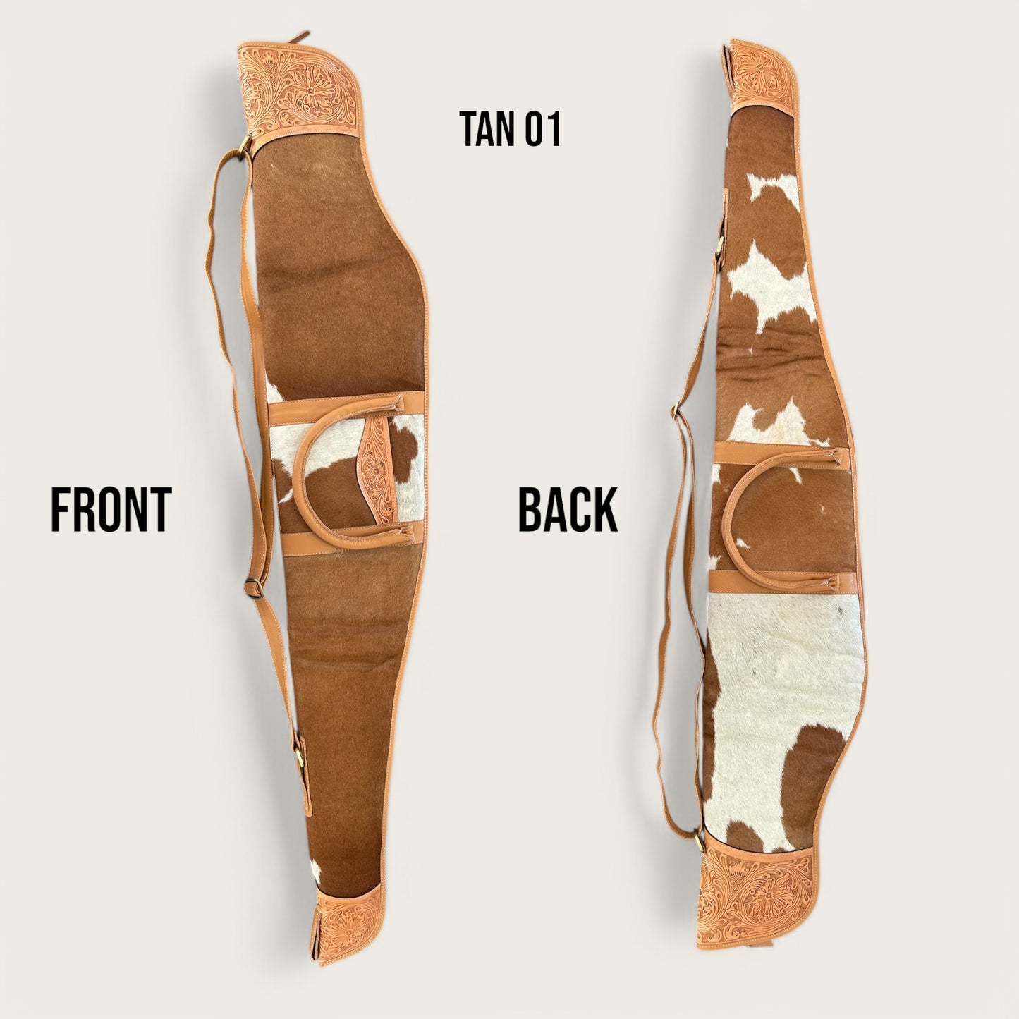 Cowhide and leather rifle gun bag in tan and white with tooling details