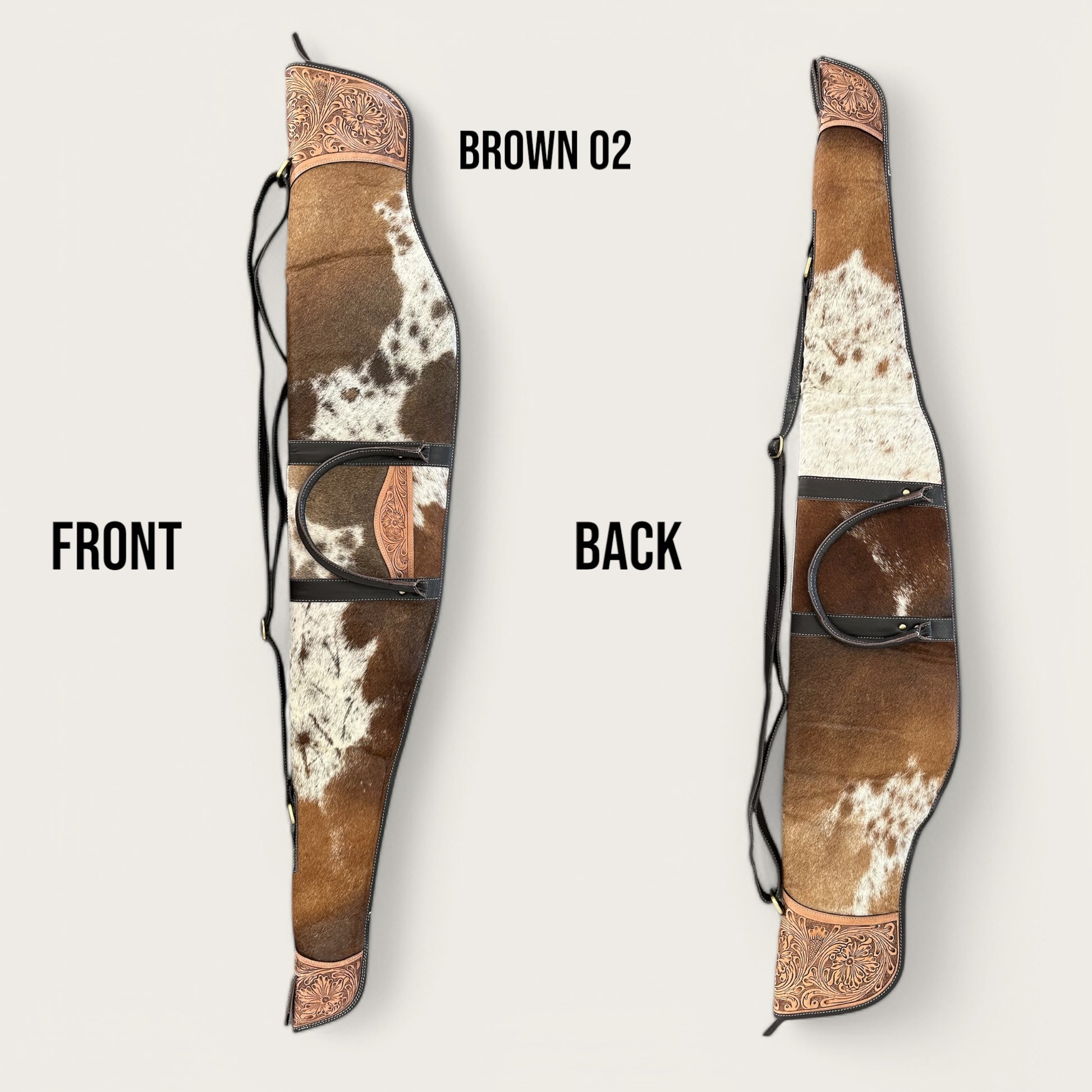 Cowhide and leather rifle bag in brown and white