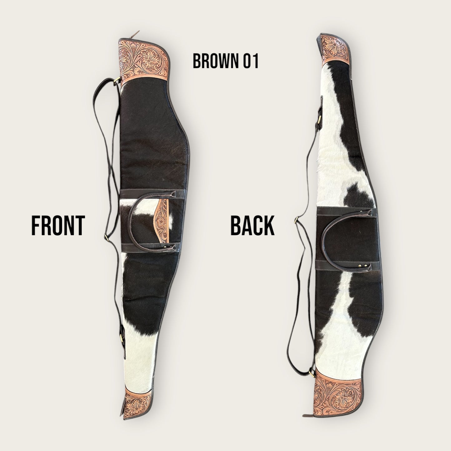 Cowhide and leather rifle bag in brown and white