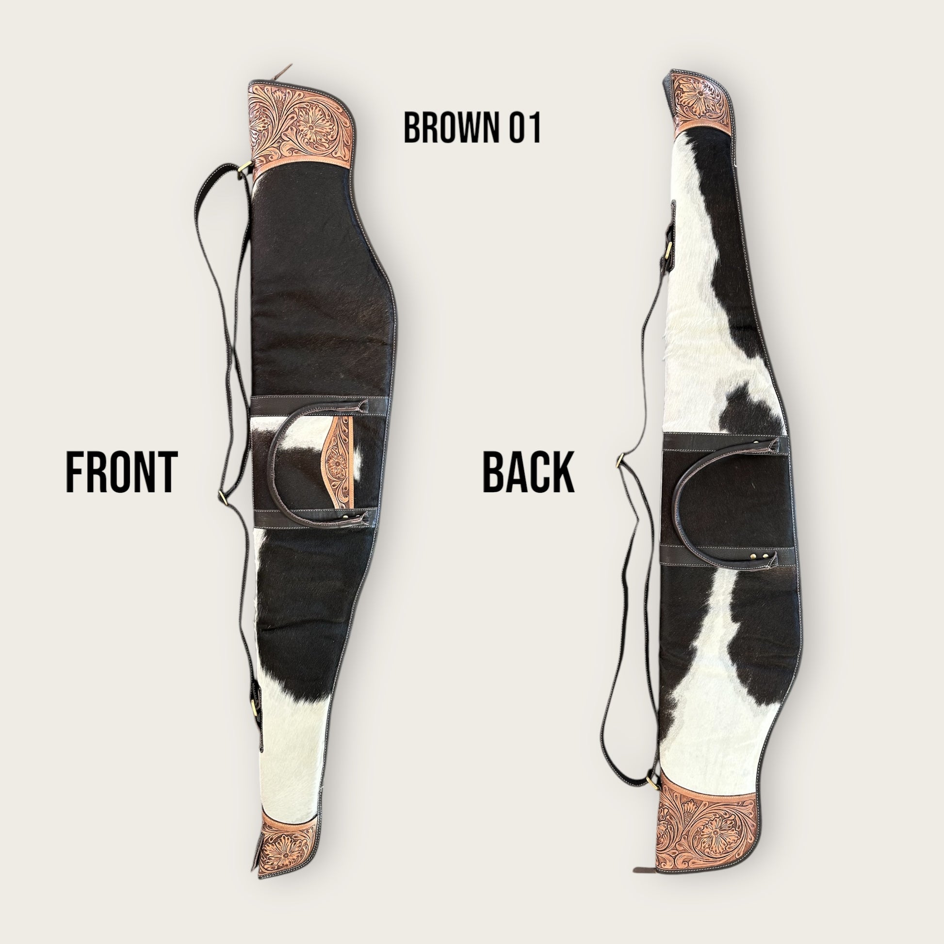 Cowhide and leather rifle bag in brown and white