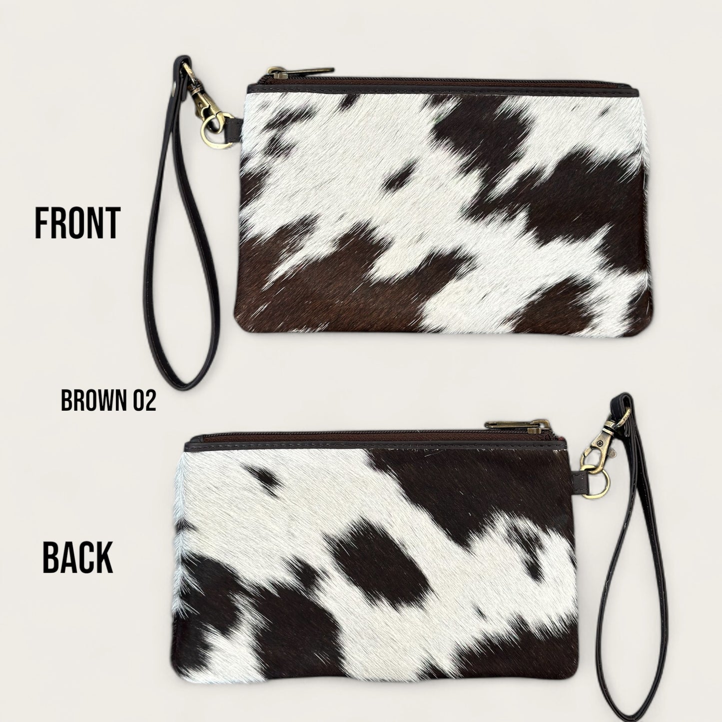 Brown and White Cowhide Clutch