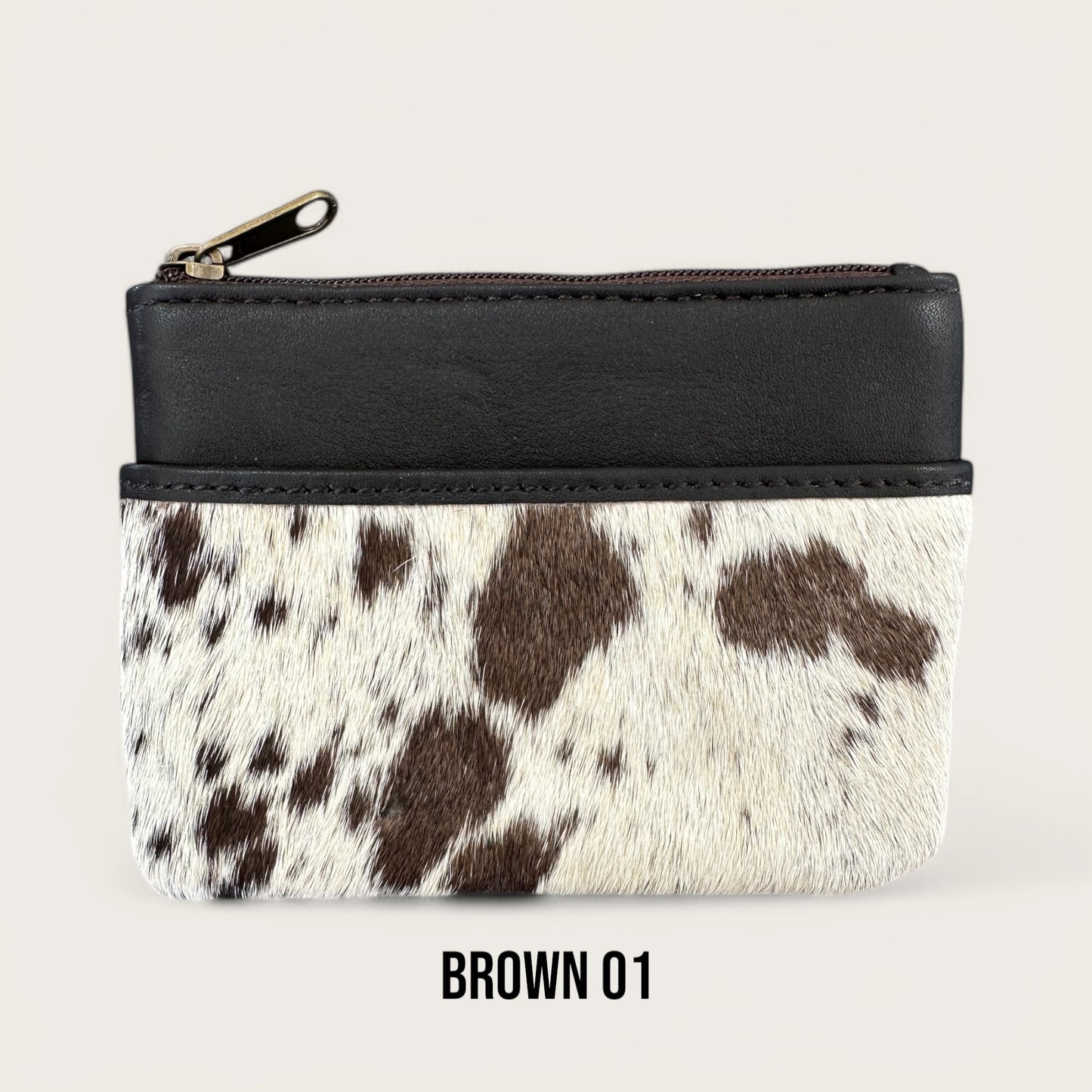 Brown and White Cowhide and Leather Purse