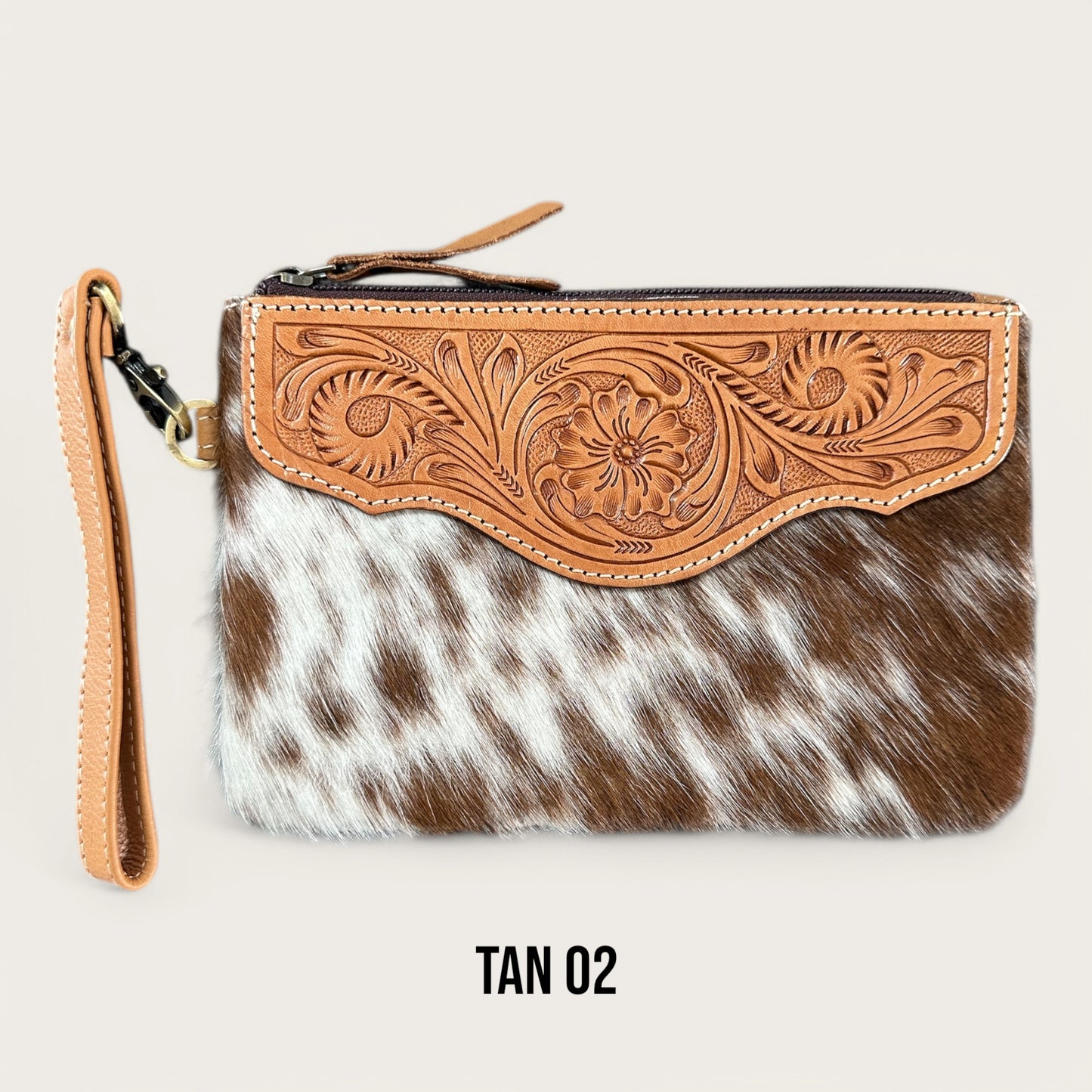 Tan and White Cowhide and Leather Clutch with Tooling Details