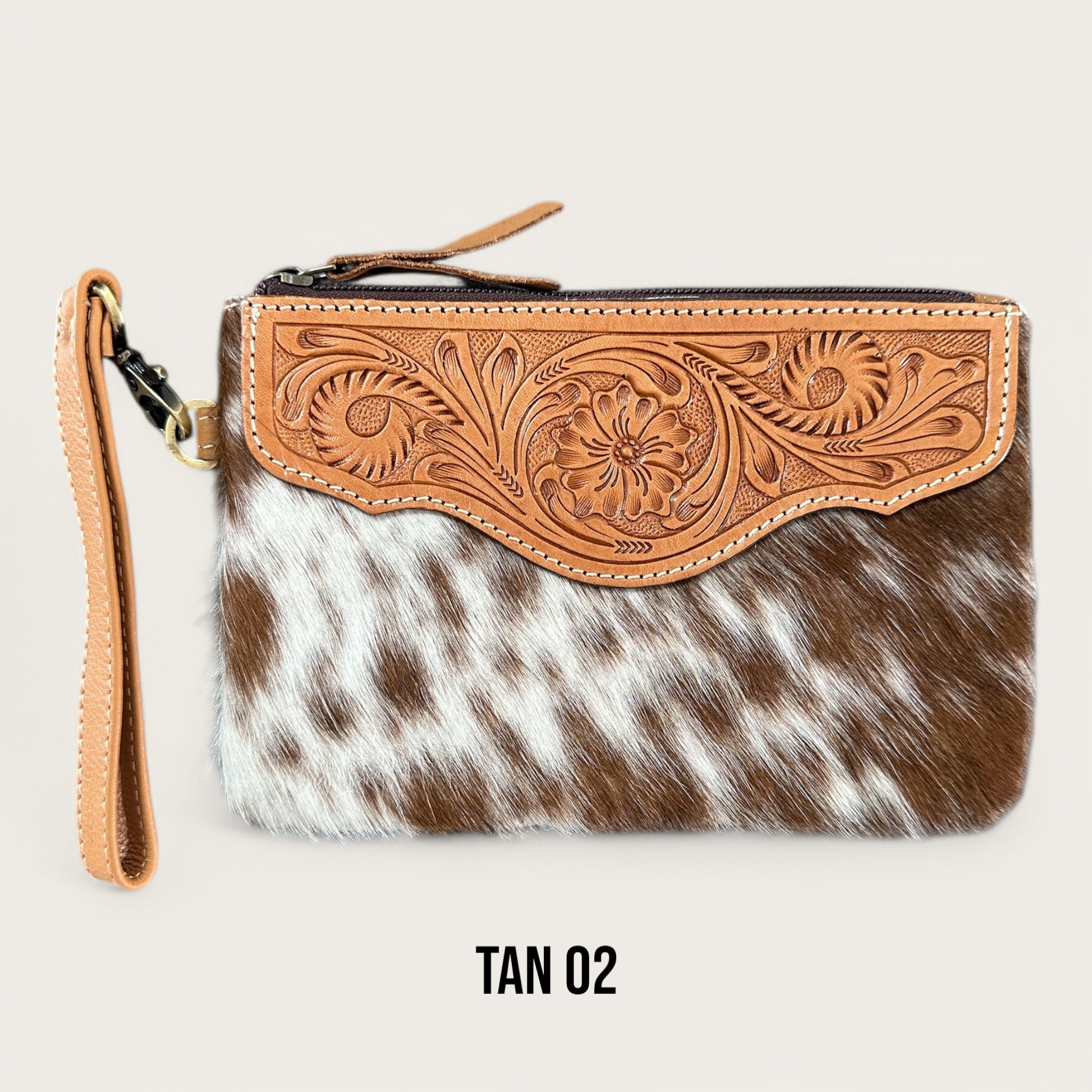 Tan and White Cowhide and Leather Clutch with Tooling Details