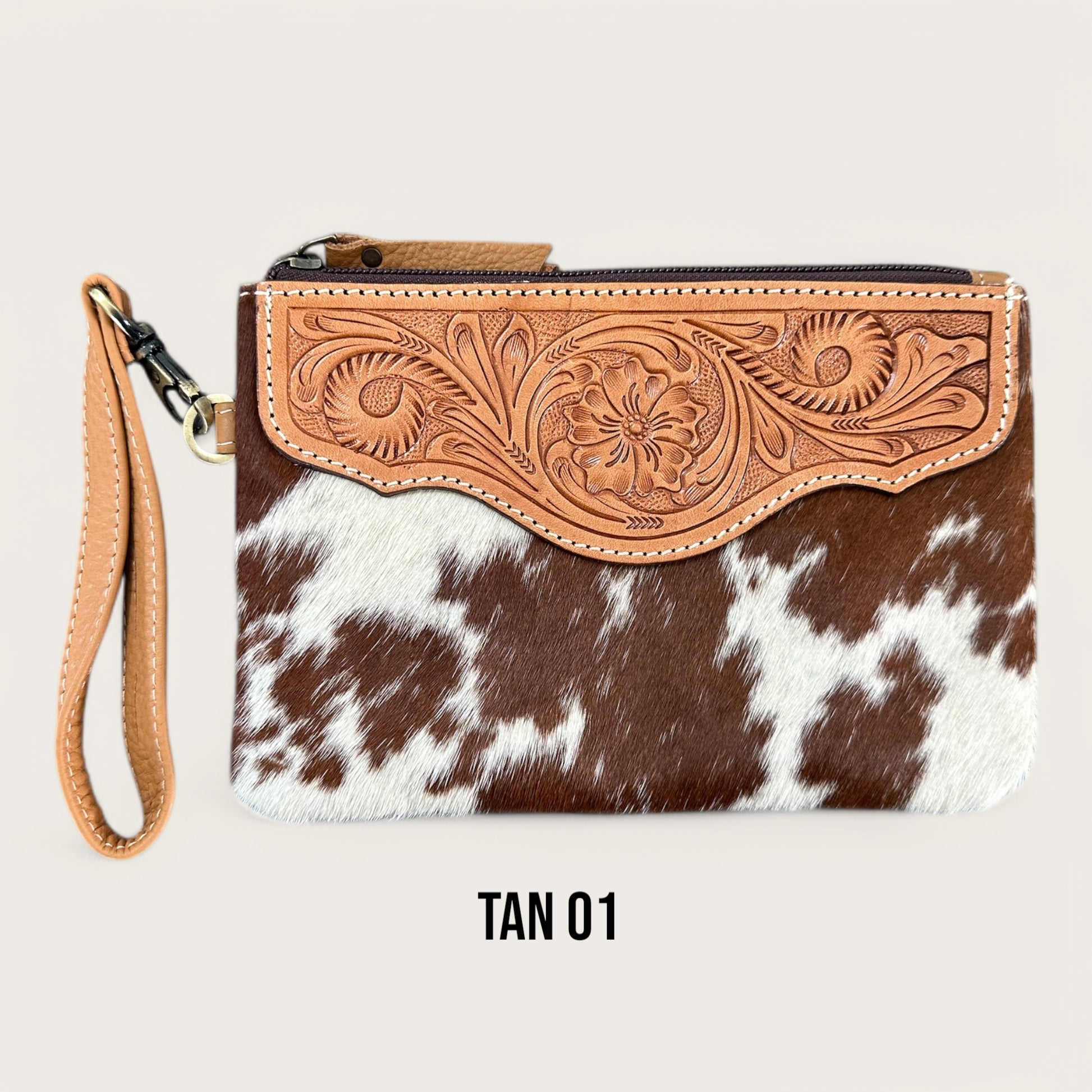 Tan and White Cowhide and Leather Clutch with Tooling Details