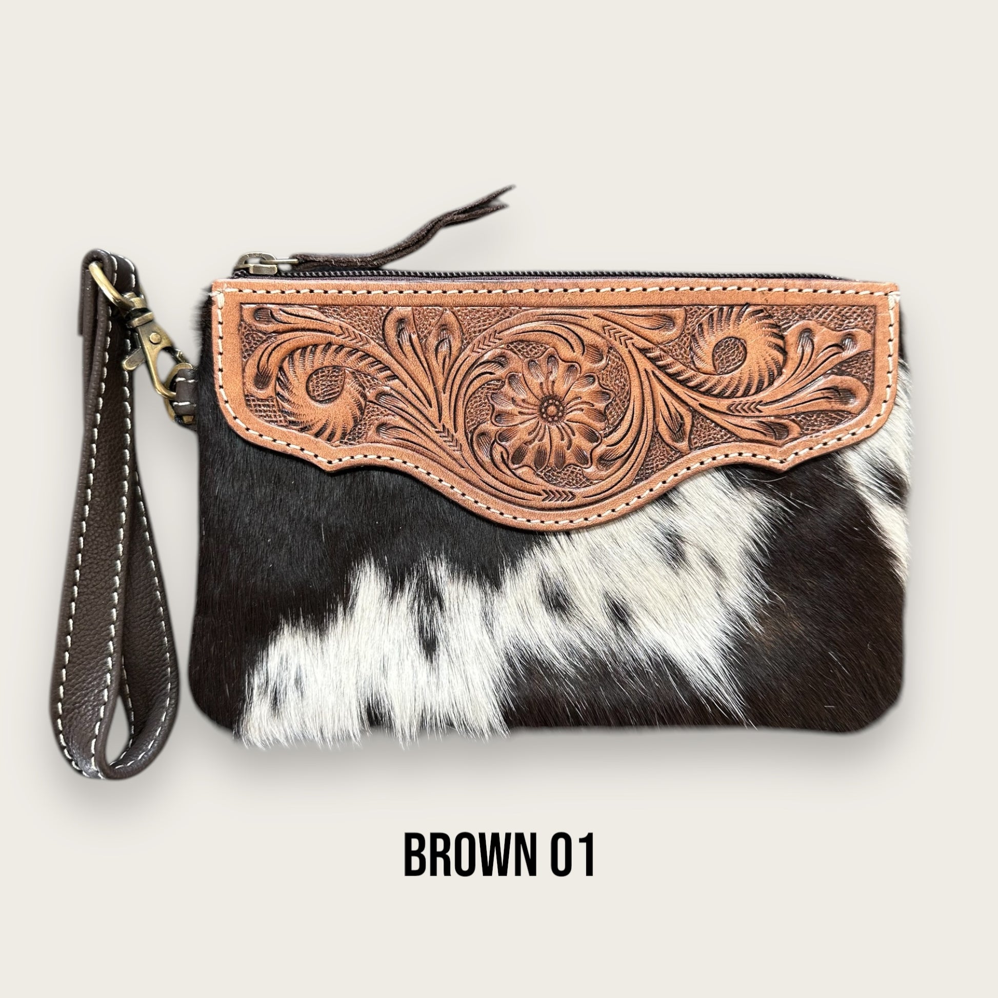 Brown and White Cowhide and Leather Clutch with Tooling Details