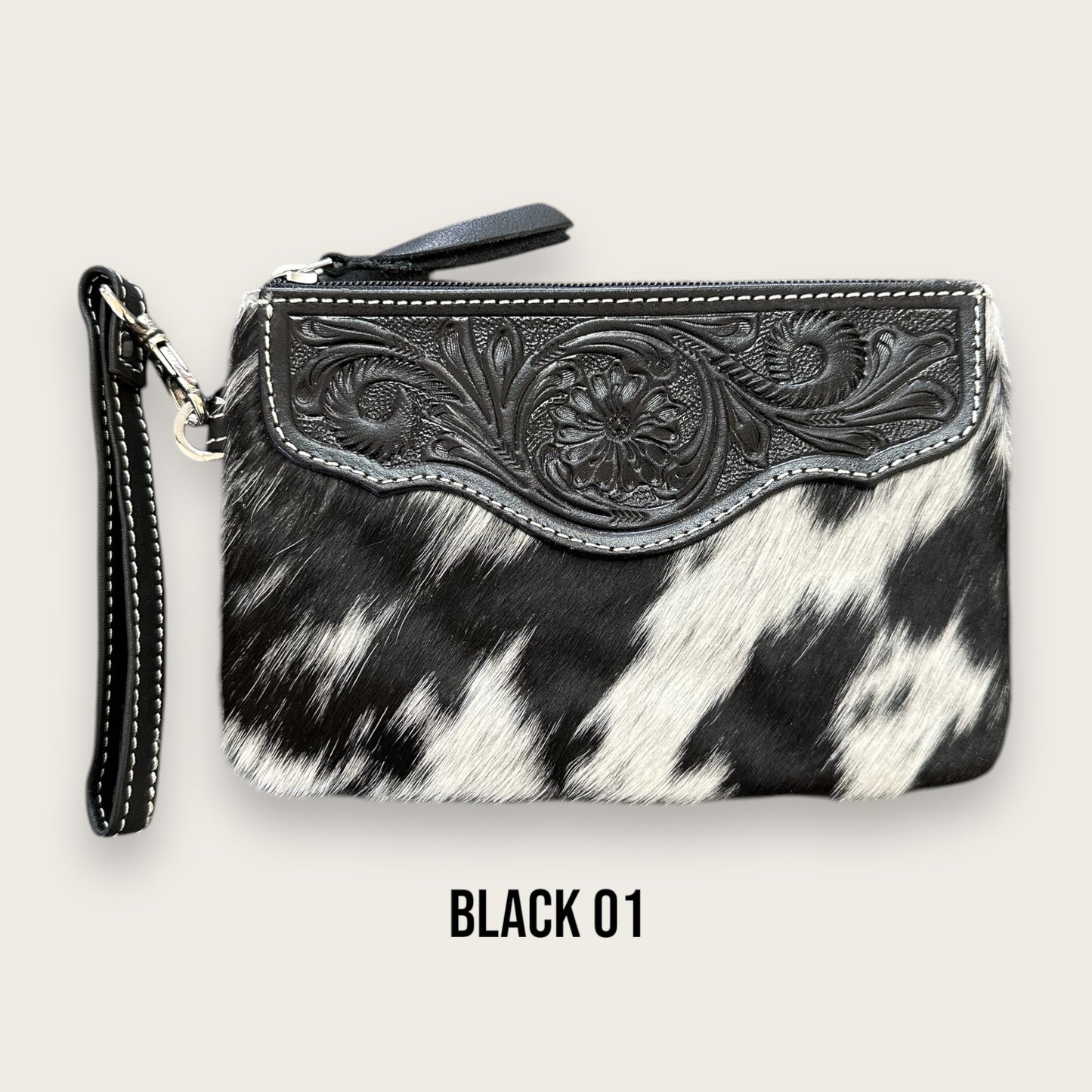 Black and White Cowhide and Leather Clutch with Tooling Details