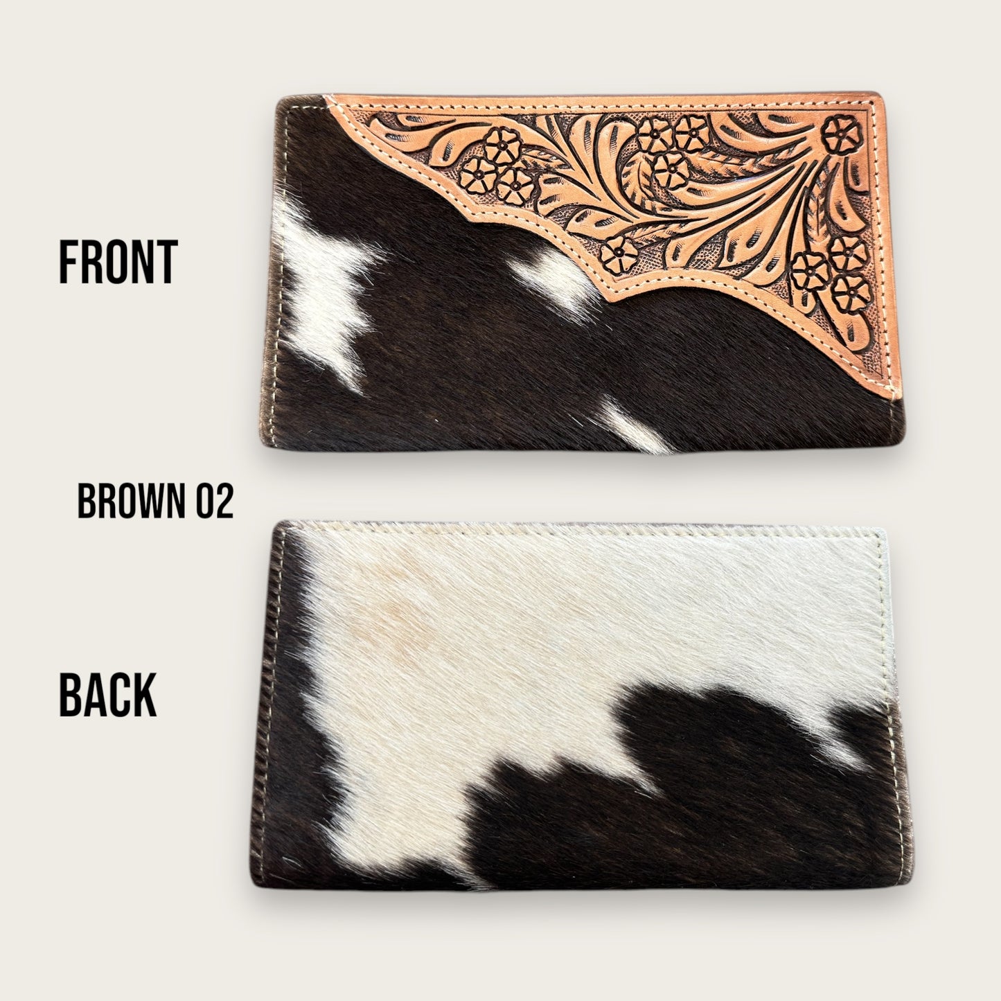 Large Cowhide and Leather Wallet with Leather Tooling Details in Brown and White
