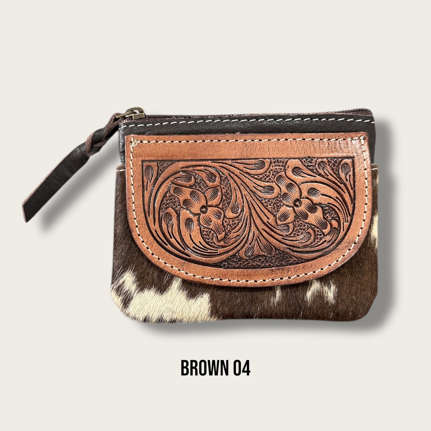 Brown and White Cowhide Zip Purse with Tooling Details