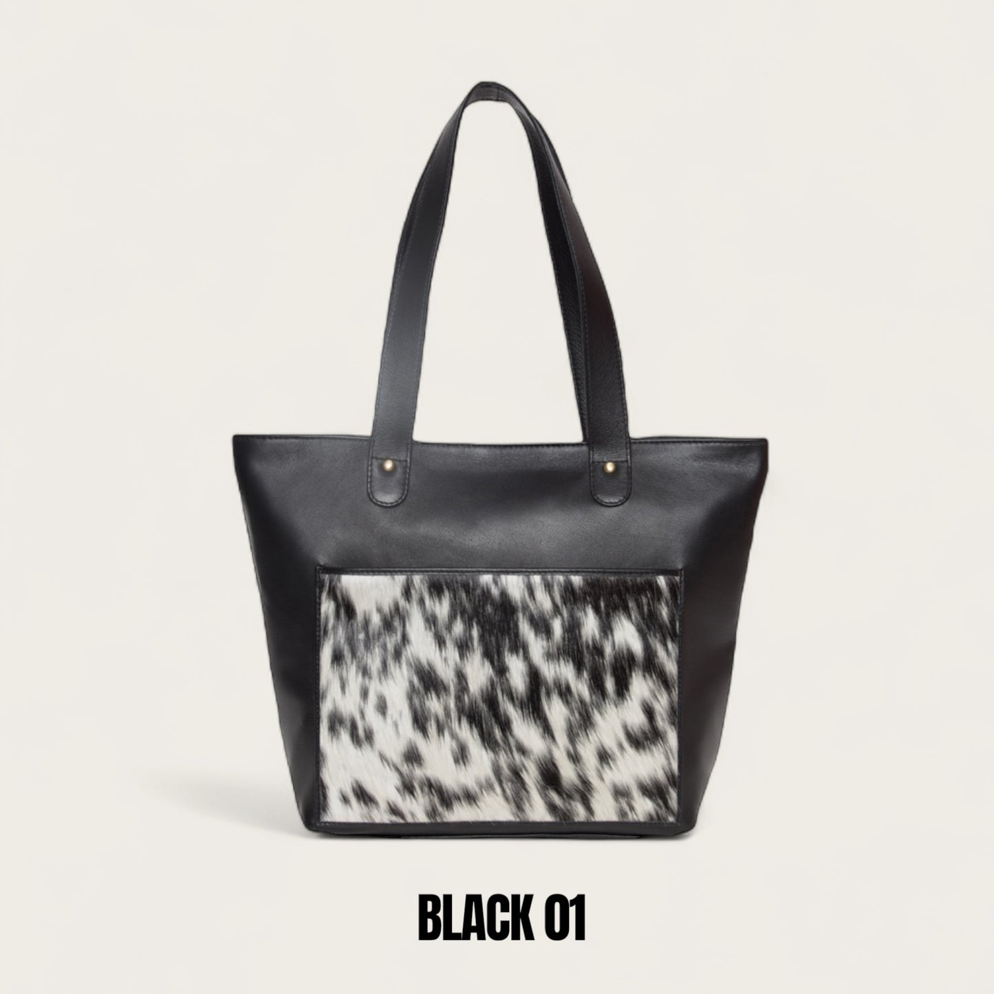 Large cowhide and leather tote in black