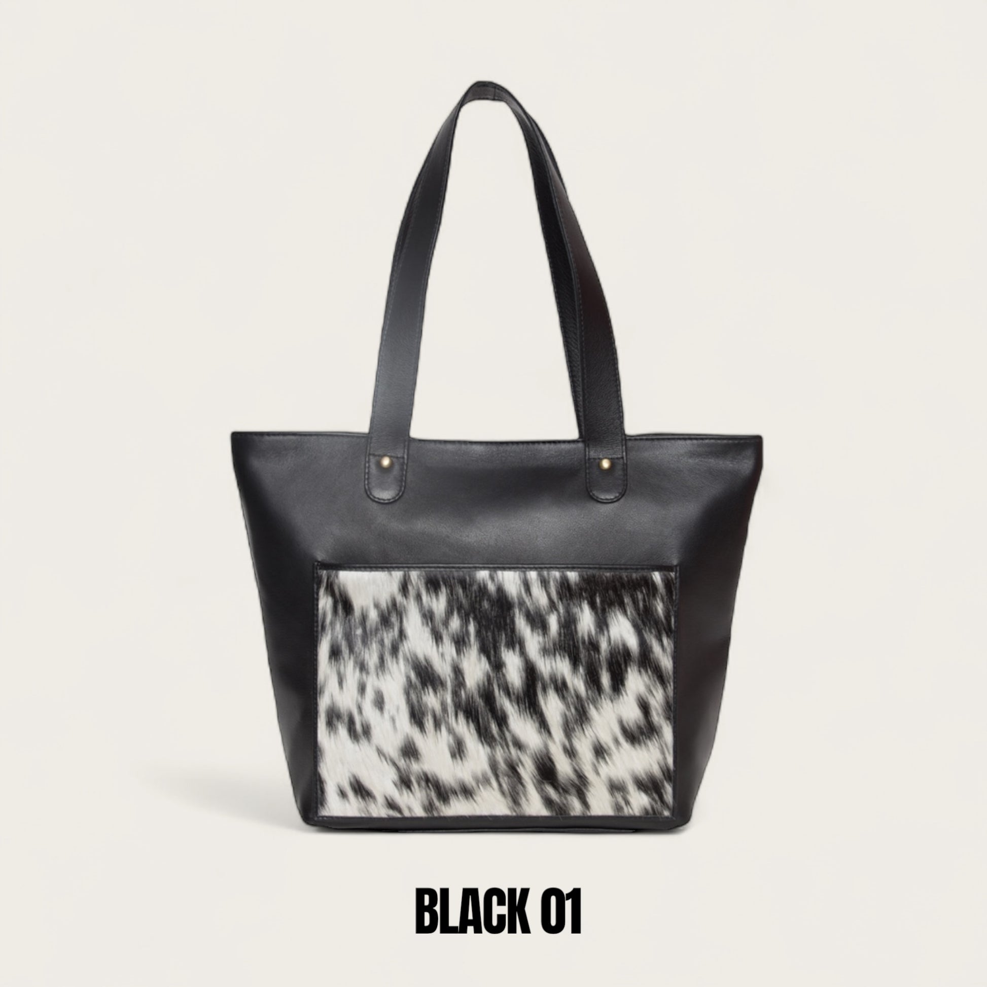 Large cowhide and leather tote in black