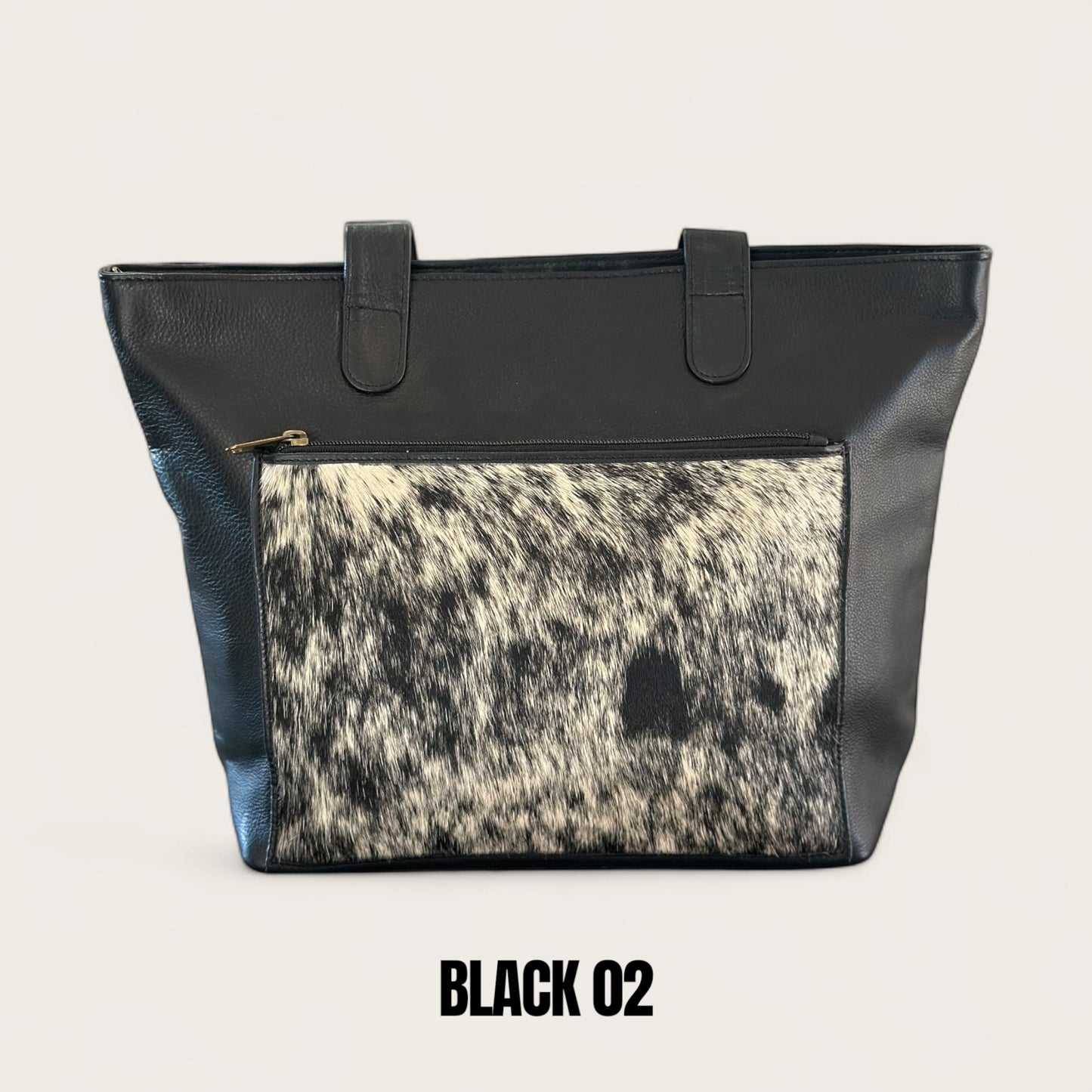 Large cowhide and leather tote in black