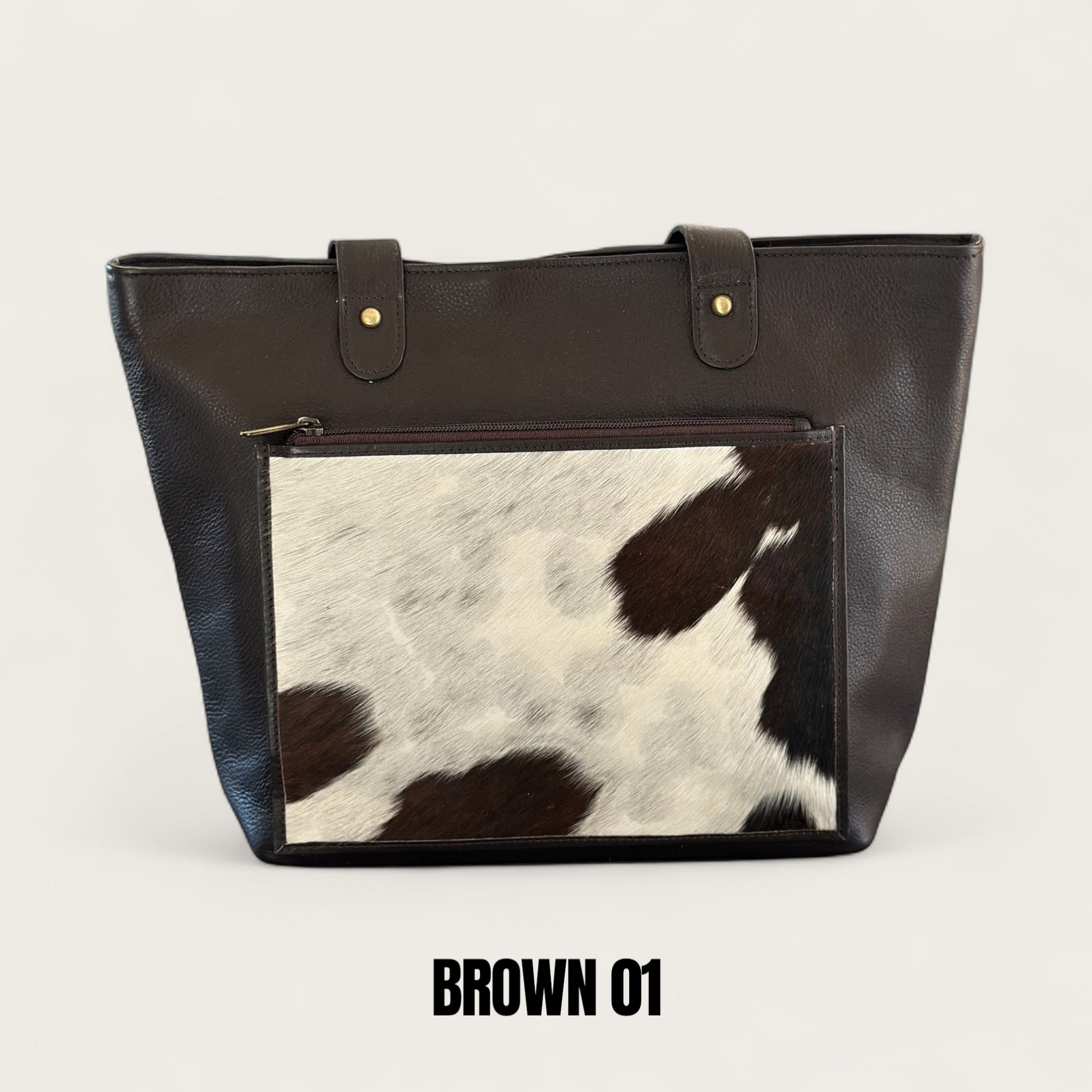 Large cowhide and leather tote in brown