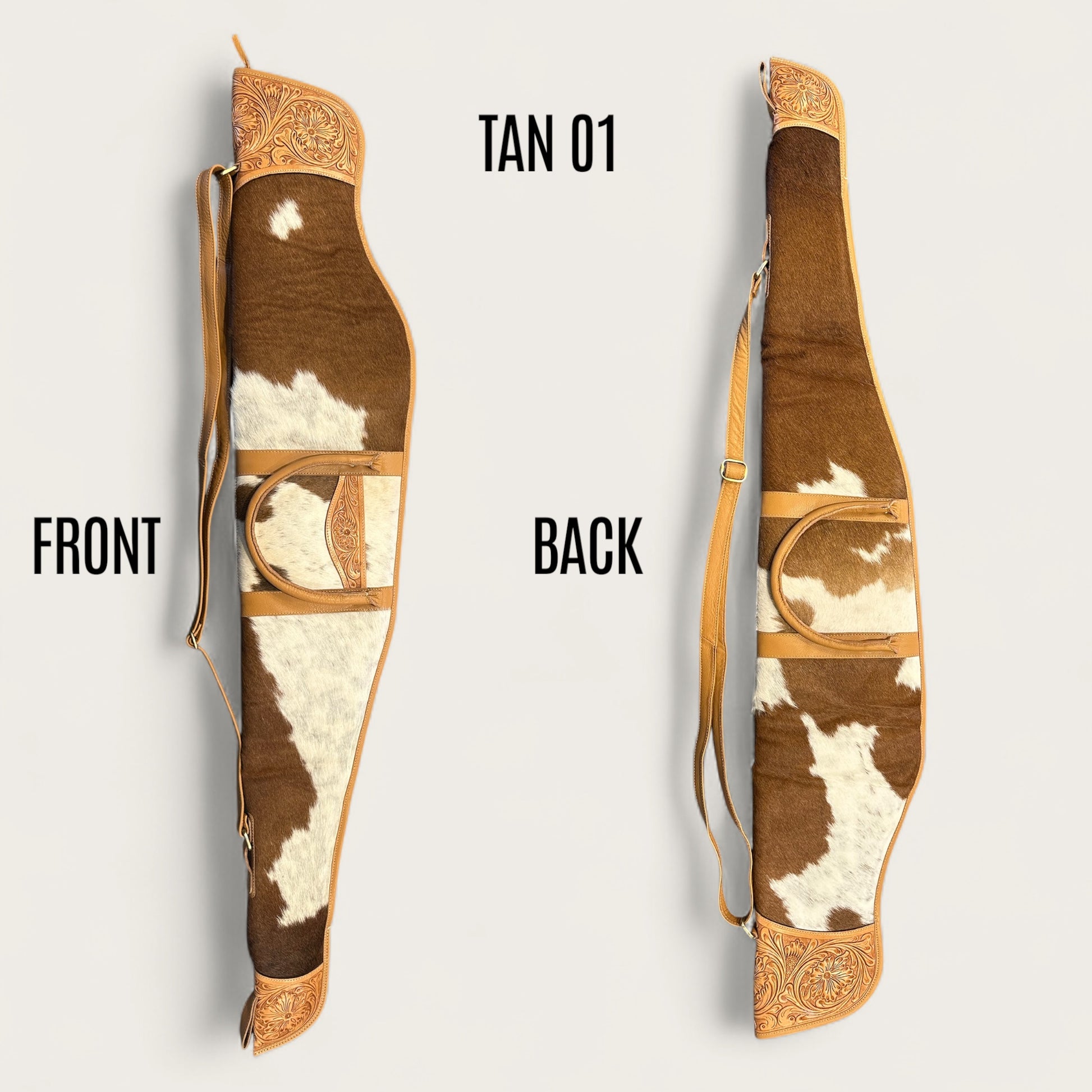 Cowhide and leather rifle gun bag in tan and white with tooling details