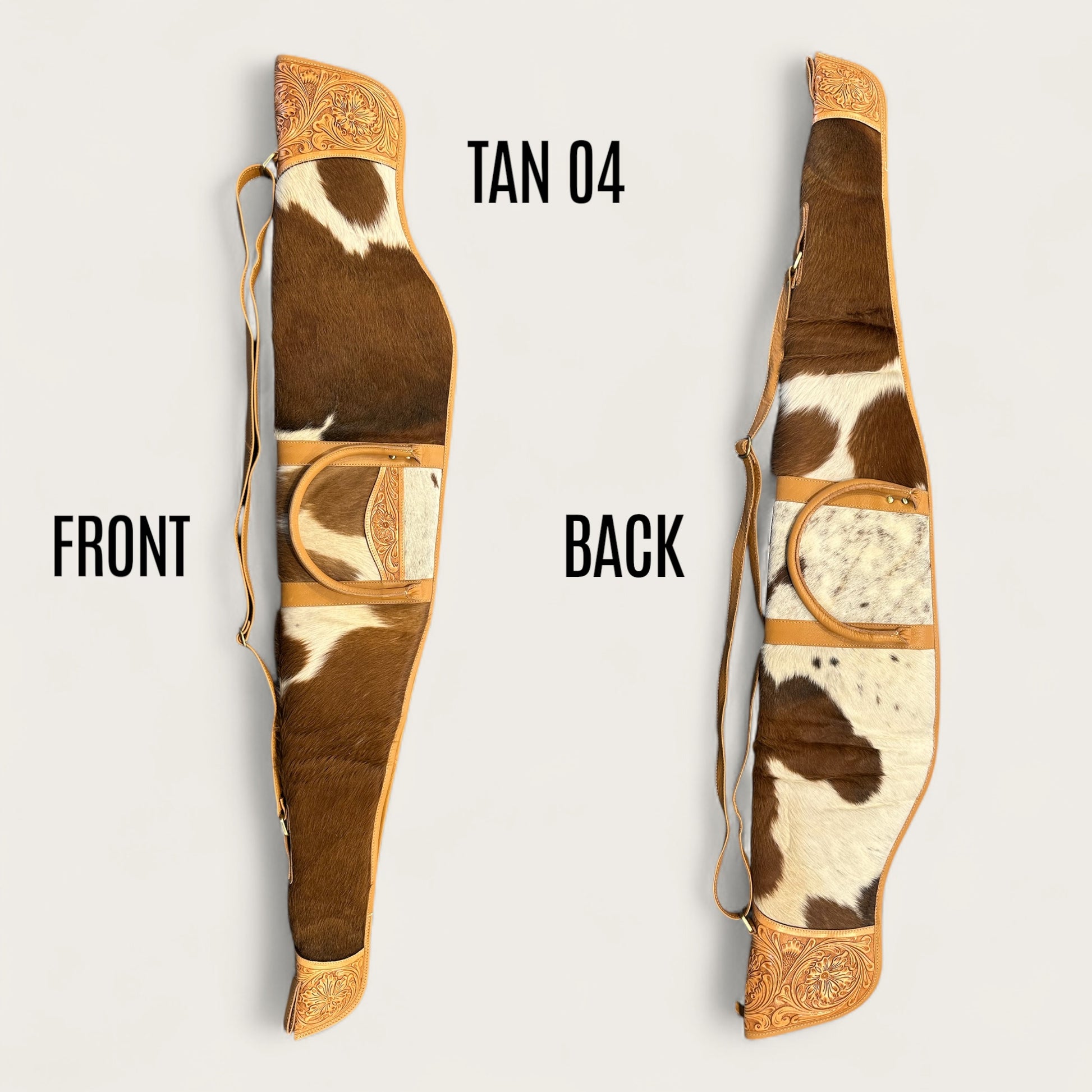 Cowhide and leather rifle gun bag in tan and white with tooling details