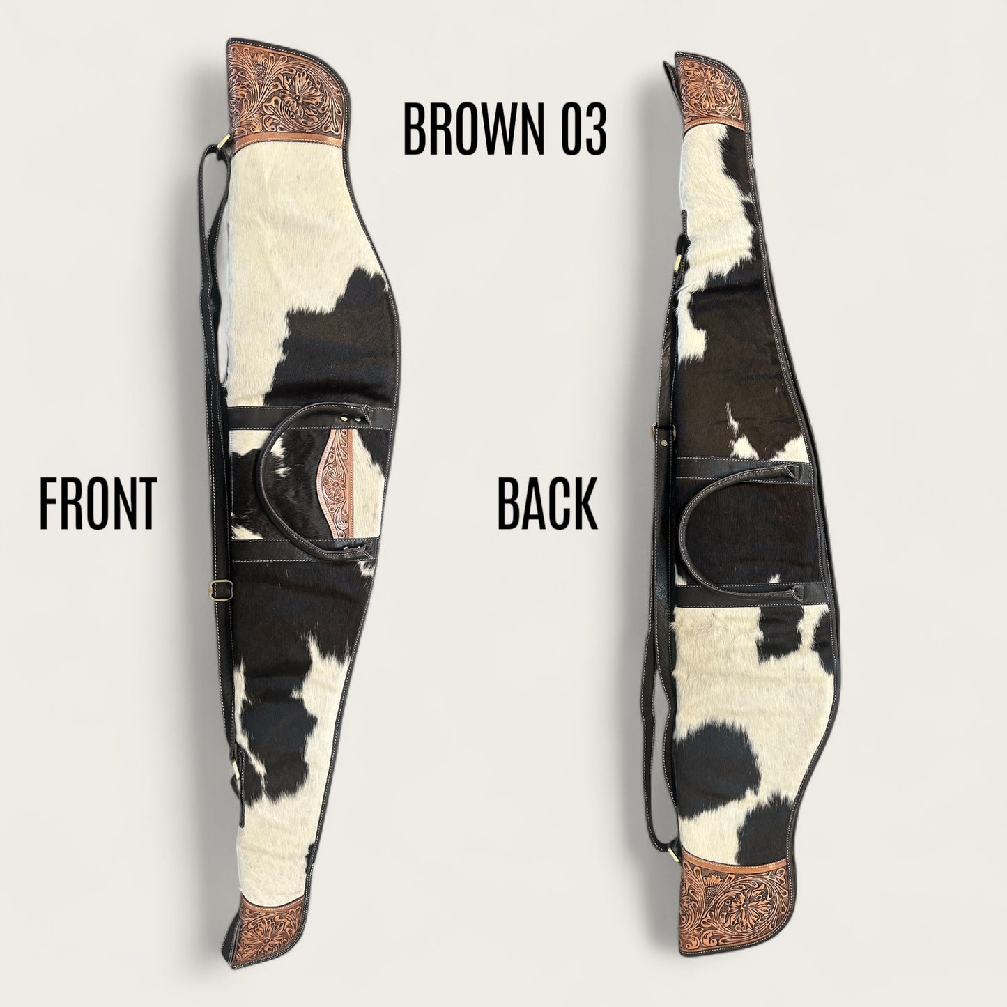 Cowhide and leather rifle bag in brown and white
