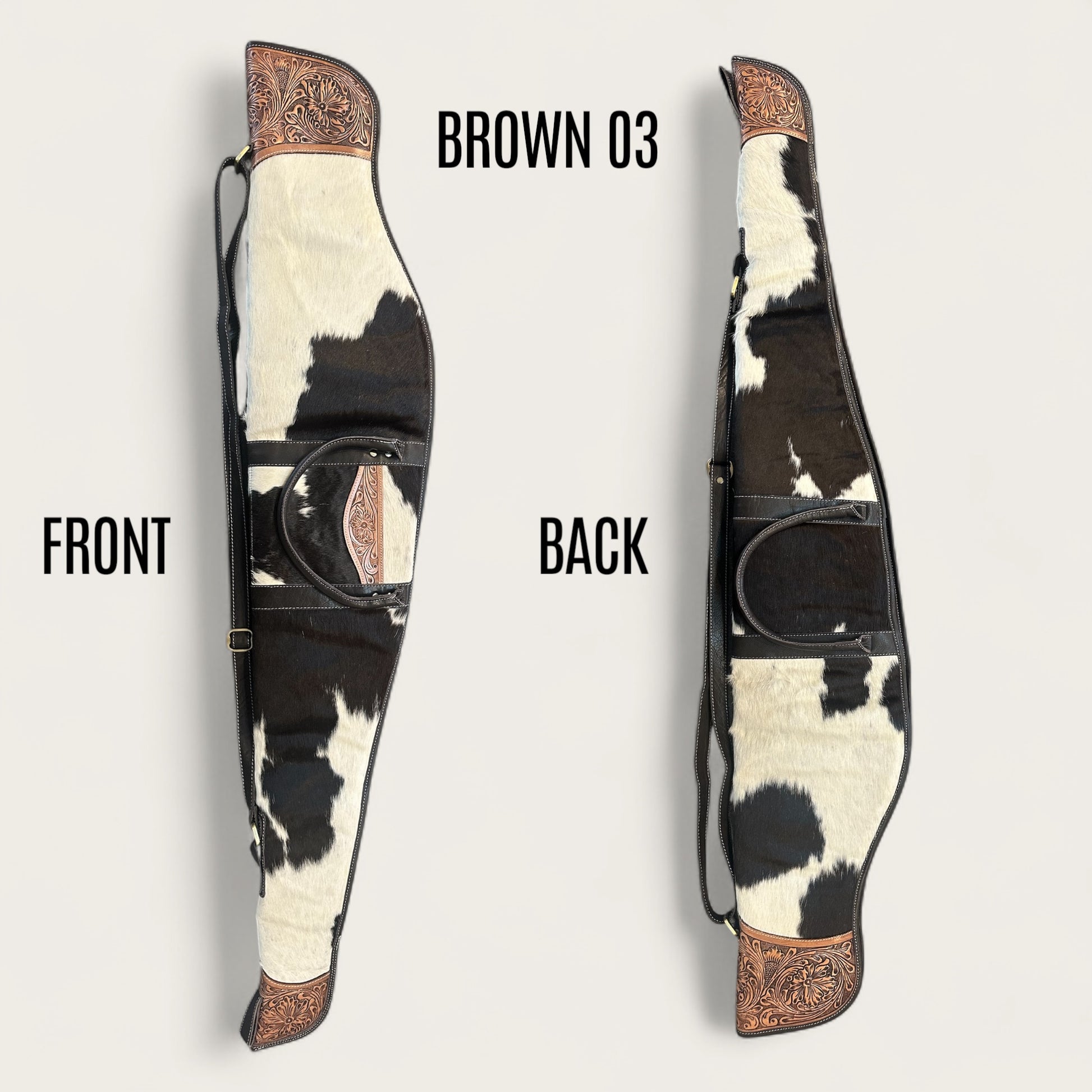 Cowhide and leather rifle bag in brown and white