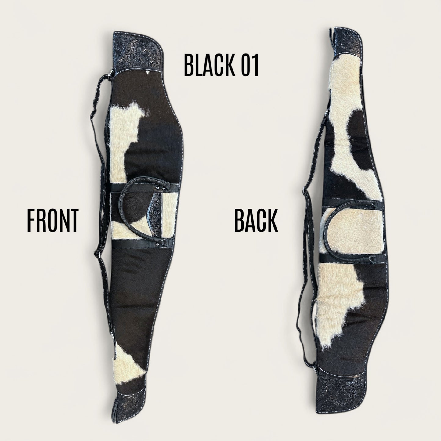 Cowhide and Leather Rifle Bag with Tooling Details in Black and White