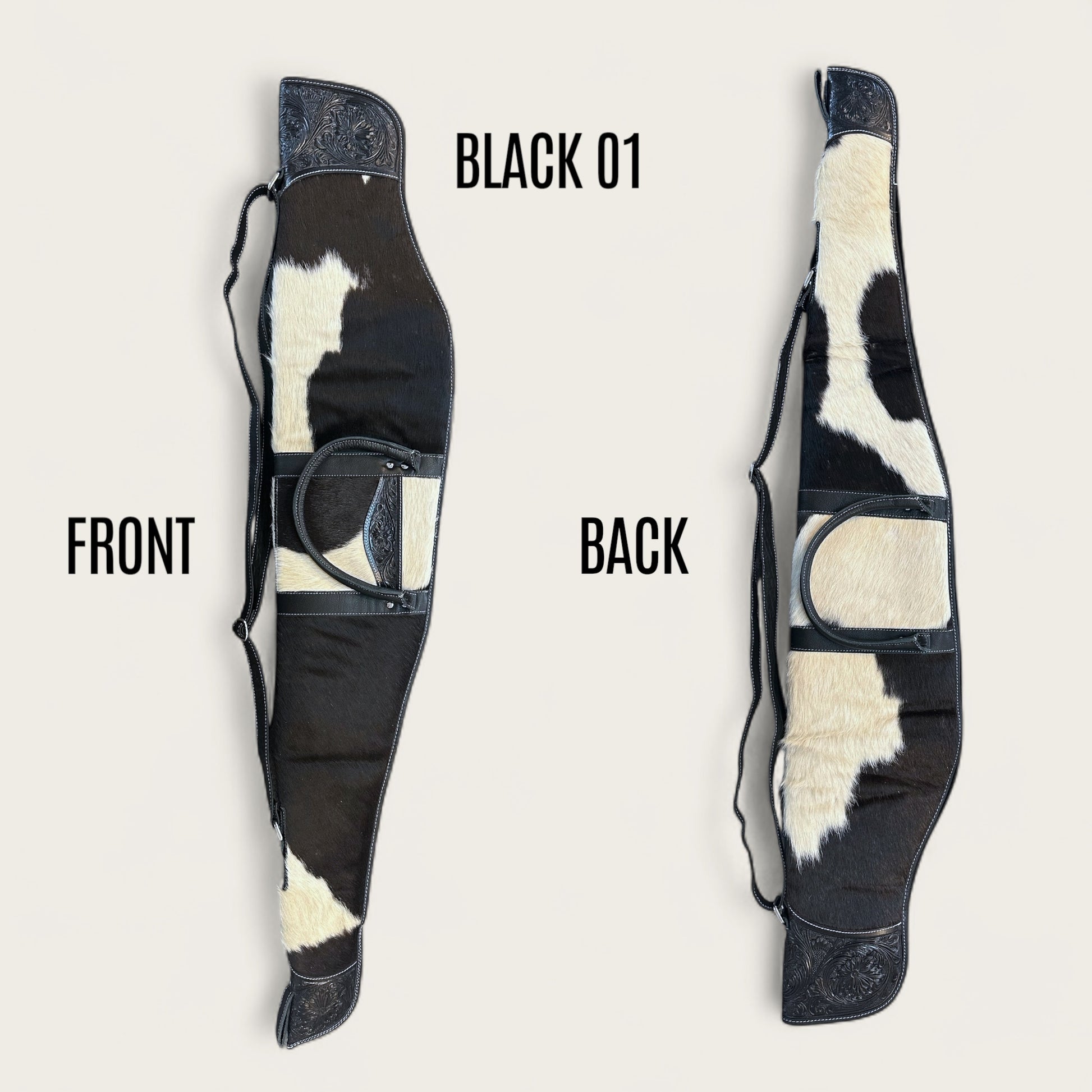 Cowhide and Leather Rifle Bag with Tooling Details in Black and White