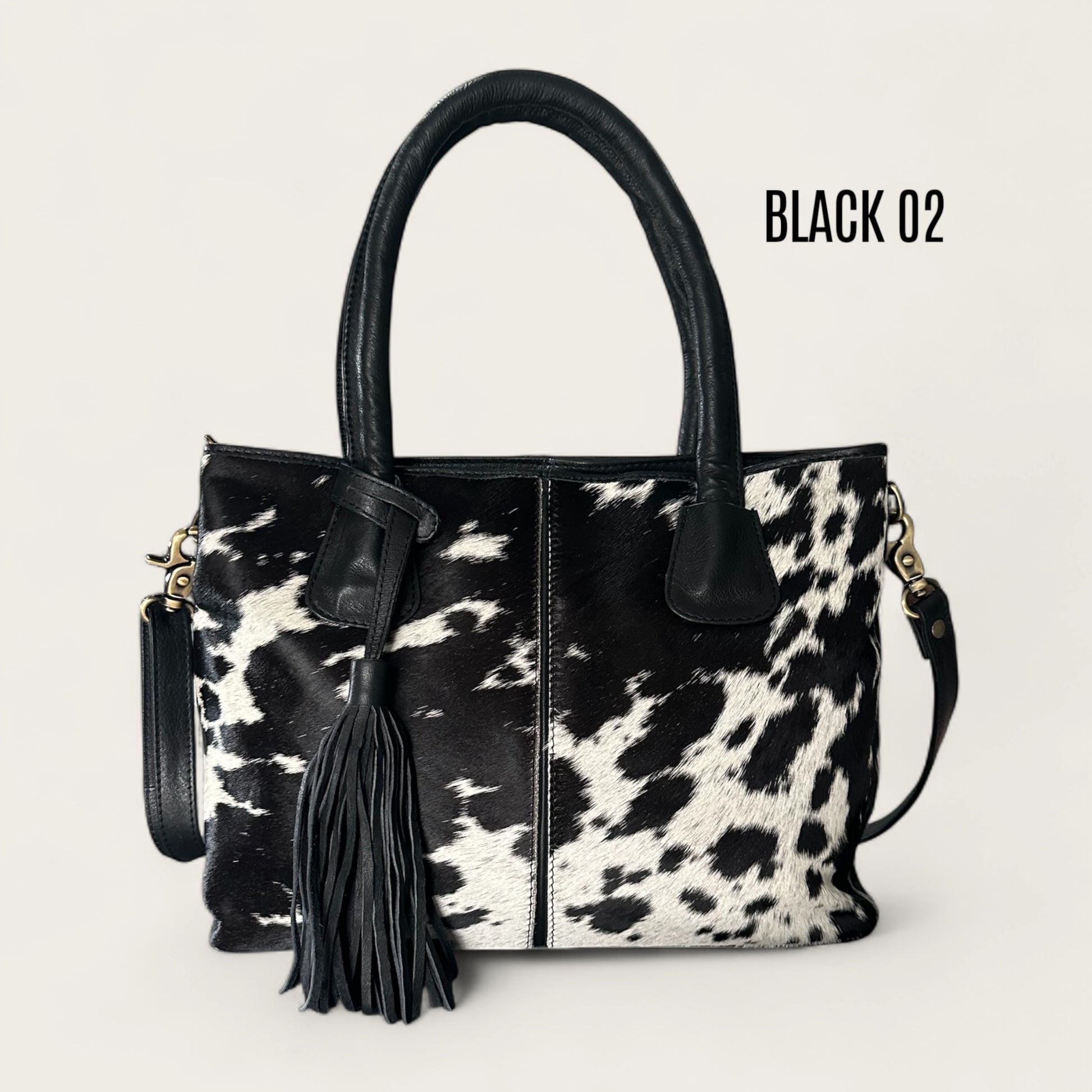 Large Cowhide Handbag with Leather - Black