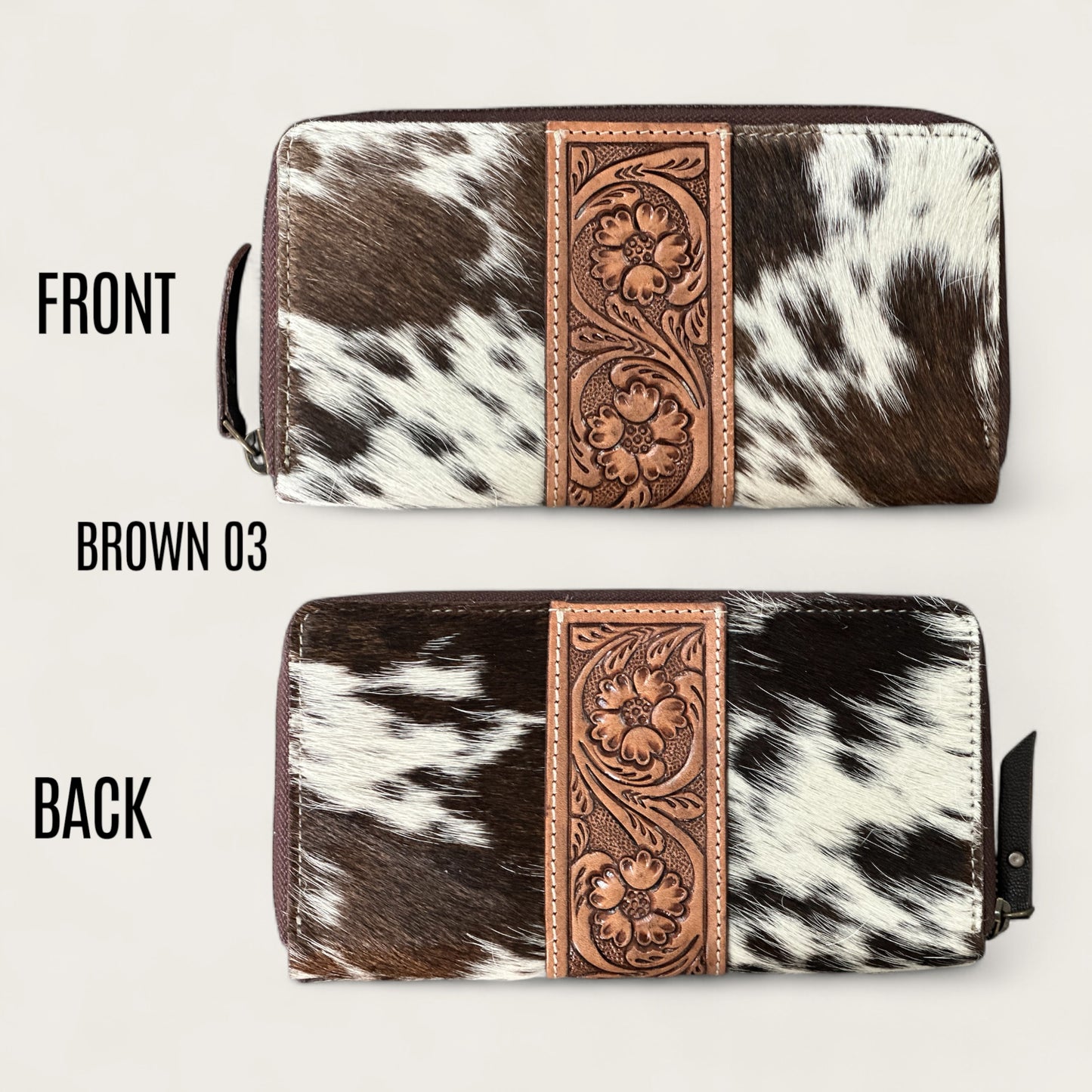Large Cowhide and Leather Wallet with Tooling Details in Brown and White