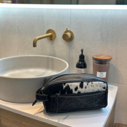 Cowhide and Leather Toiletry Bag with Tooling Details in Black and White