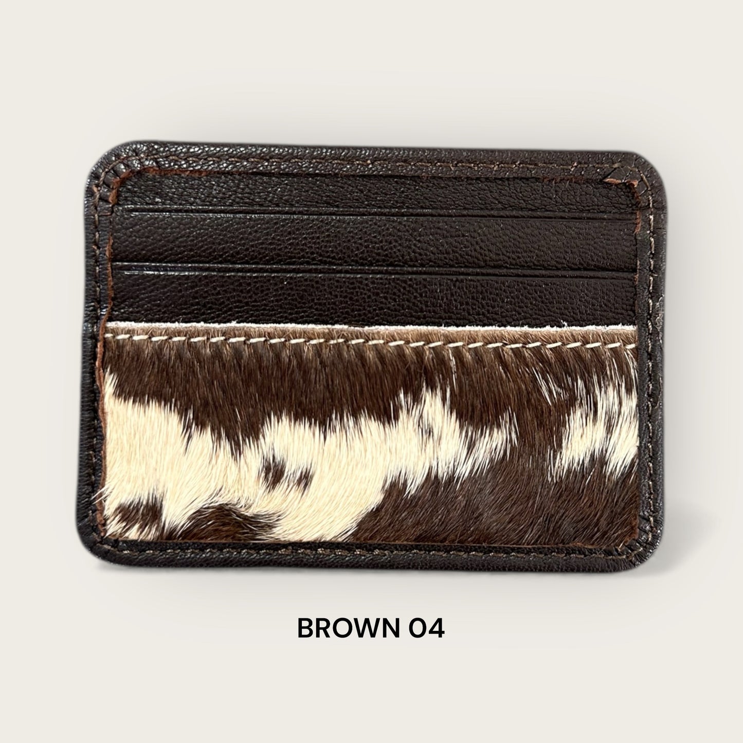 Cowhide and Leather Card Holder with ID window in Brown and White