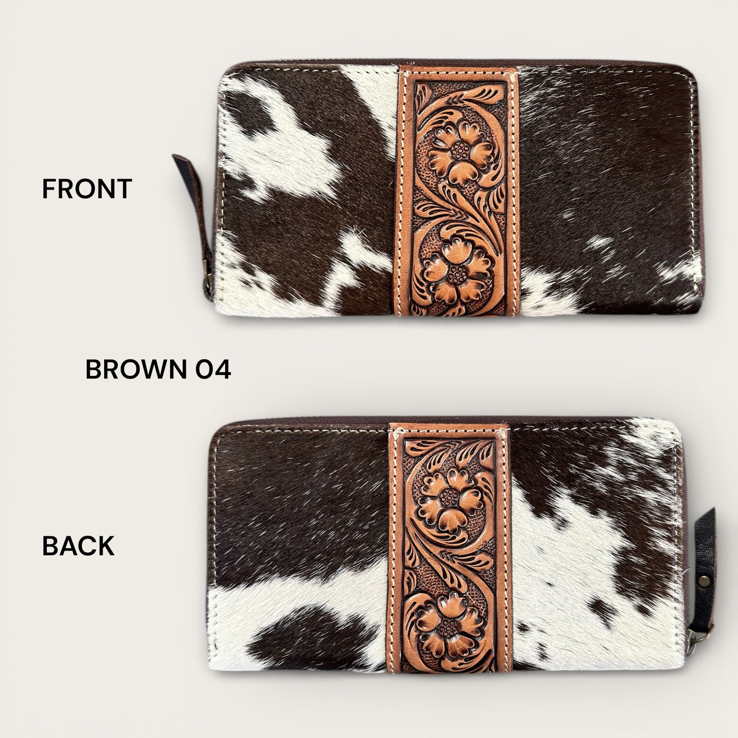 Large Cowhide and Leather Wallet with Tooling Details in Tan and White