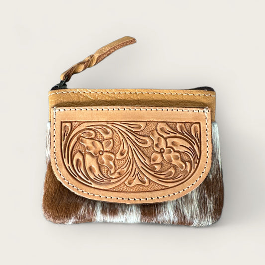Cowhide and Leather Purse with Tooling details in Tan and White