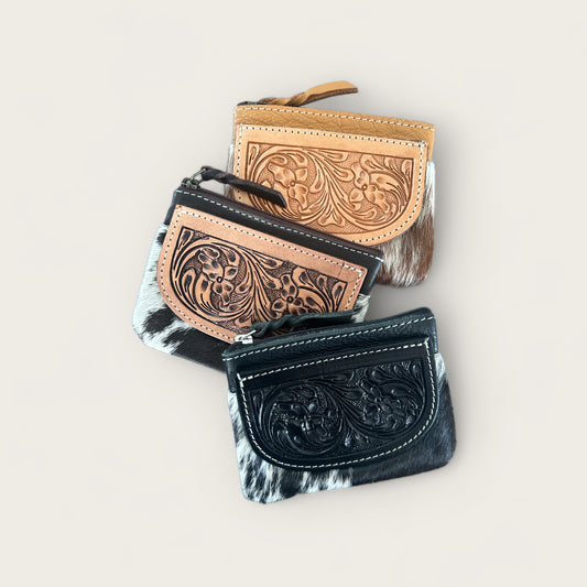 Cowhide and Leather Purse with Tooling details
