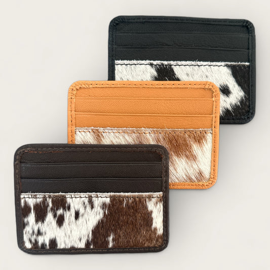 Cowhide and Leather Card Holder with ID window Black, Brown, Tan
