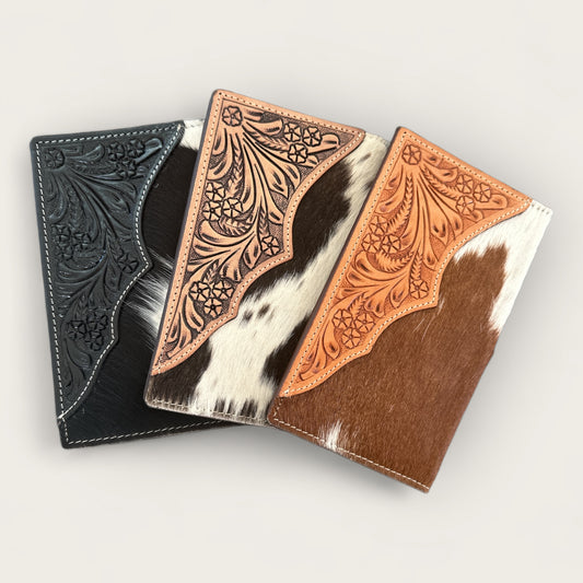 Large Cowhide and Leather Wallet with Leather Tooling Details in Black, Brown and Tan