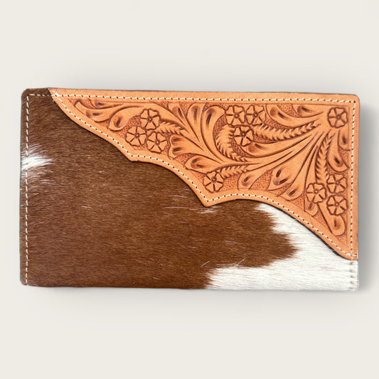 Large Cowhide and Leather Wallet with Leather Tooling Details in Tan and White
