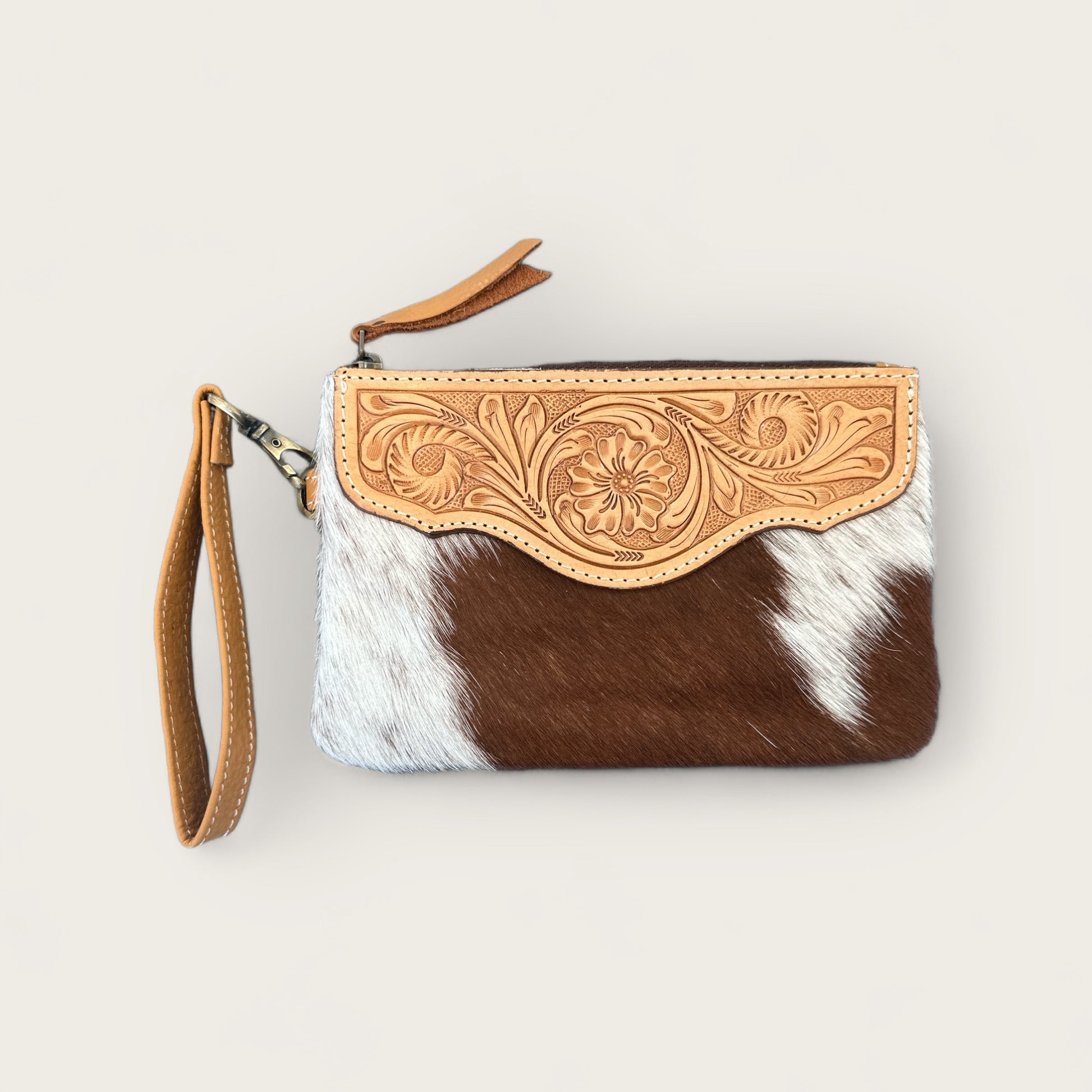 Cowhide Clutch with Tooling Details in Tan and White